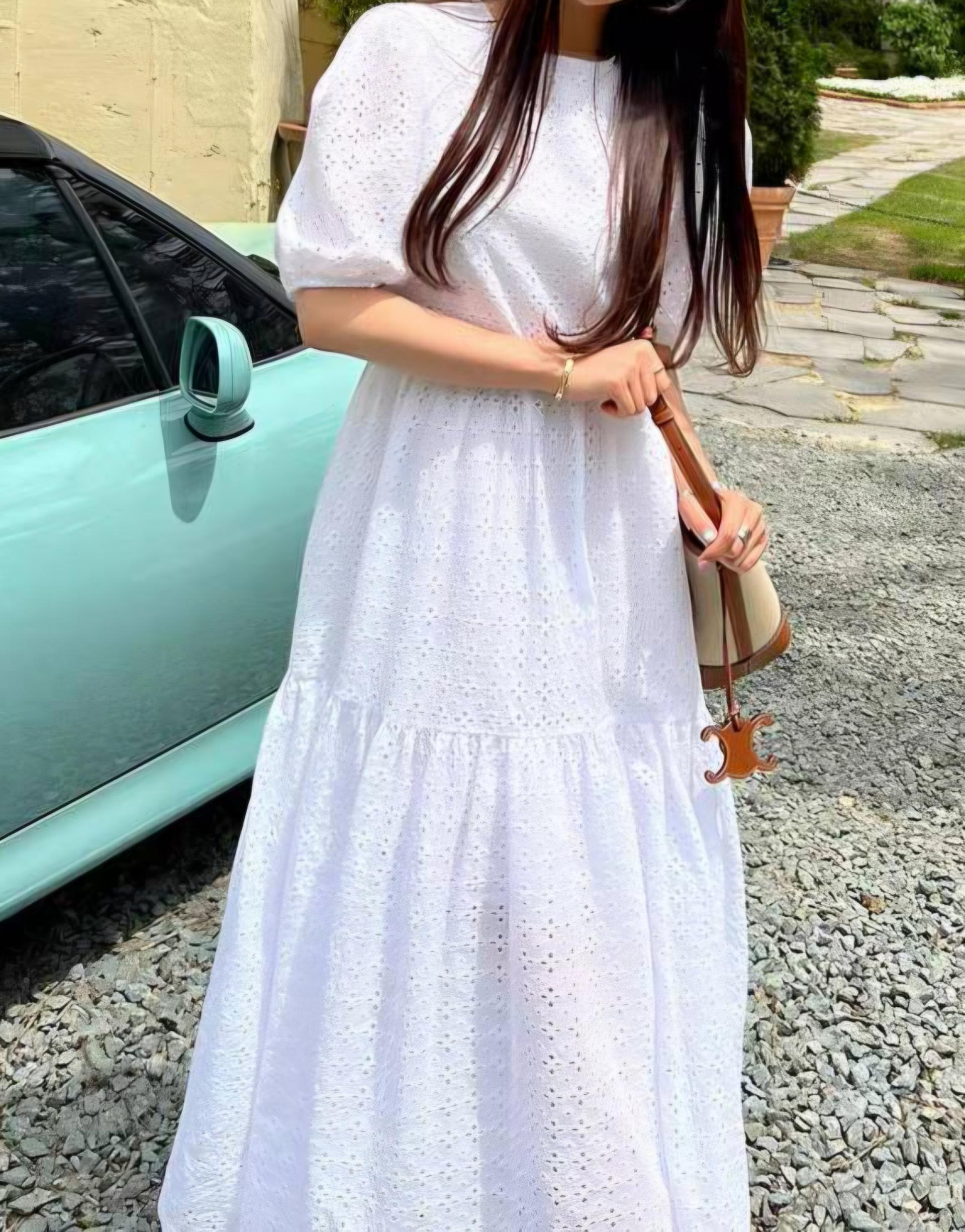 Romantic Eyelet Puff Long Dress - 로맨틱 아일렛 퍼프 롱 원피스