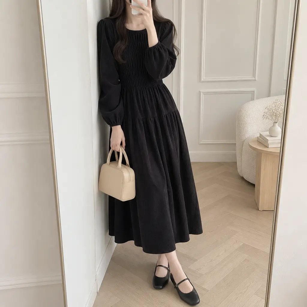Mocha Shirring Corduroy Dress - 모카 셔링 코듀로이 원피스