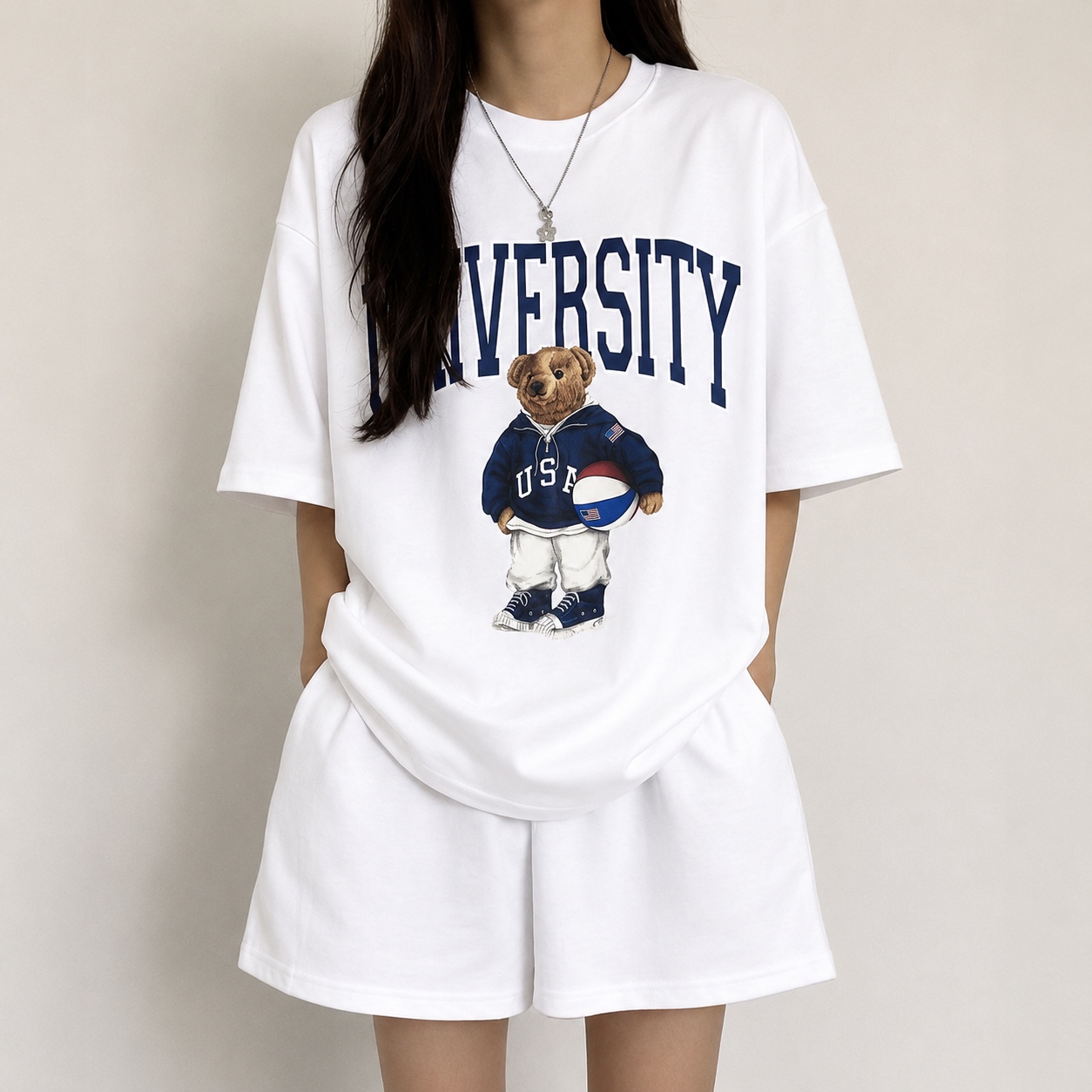 University Teddy Bear Sweat Set - 유니버시티 테디 반팔 트레이닝 세트