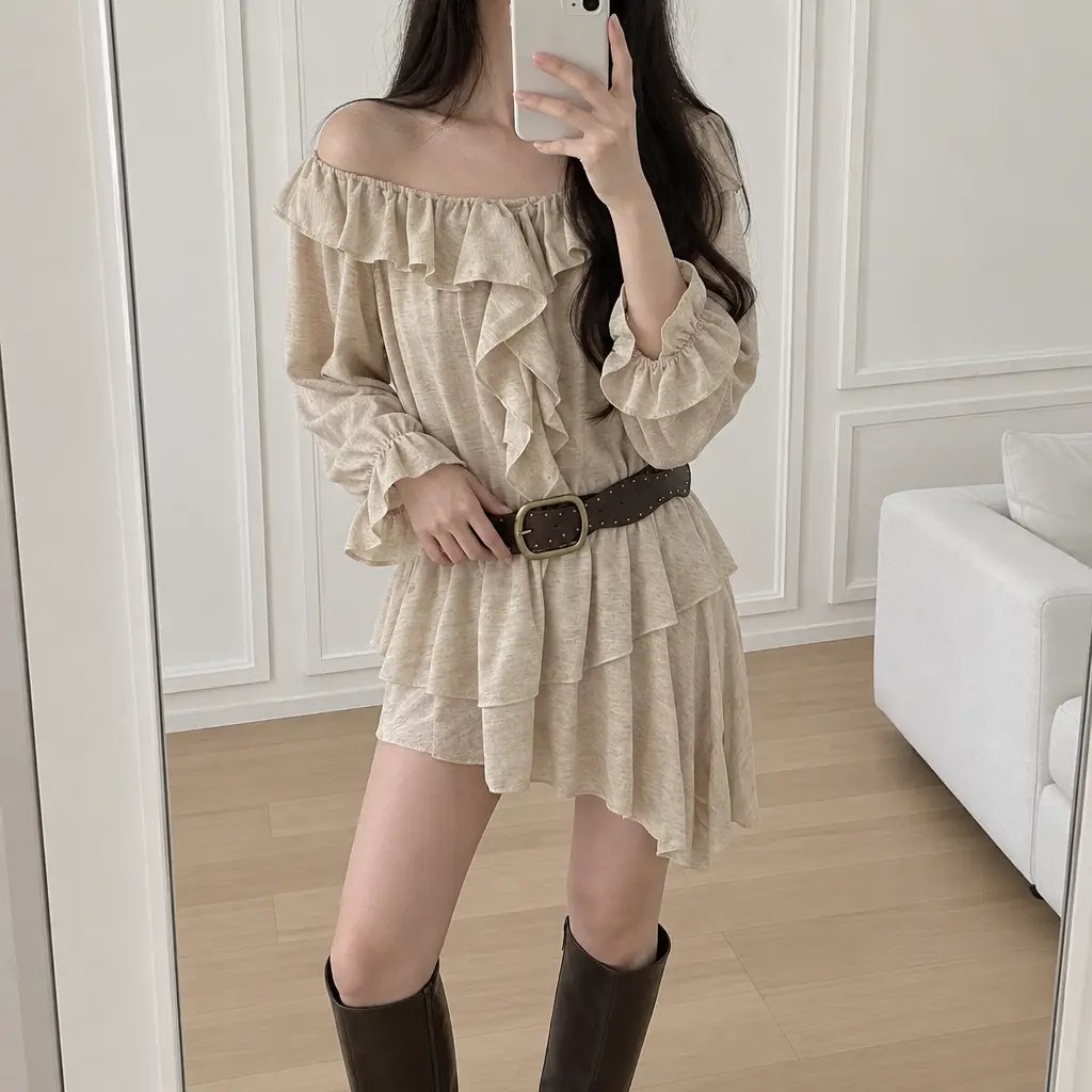 Boho Ruffle Belted Dress - 보헤미안 러플 벨티드 원피스