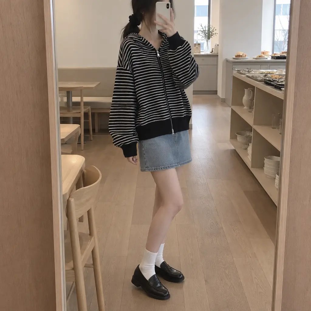 Daily Stripe Knit Hood Zip-up - 데일리 스트라이프 니트 후드집업