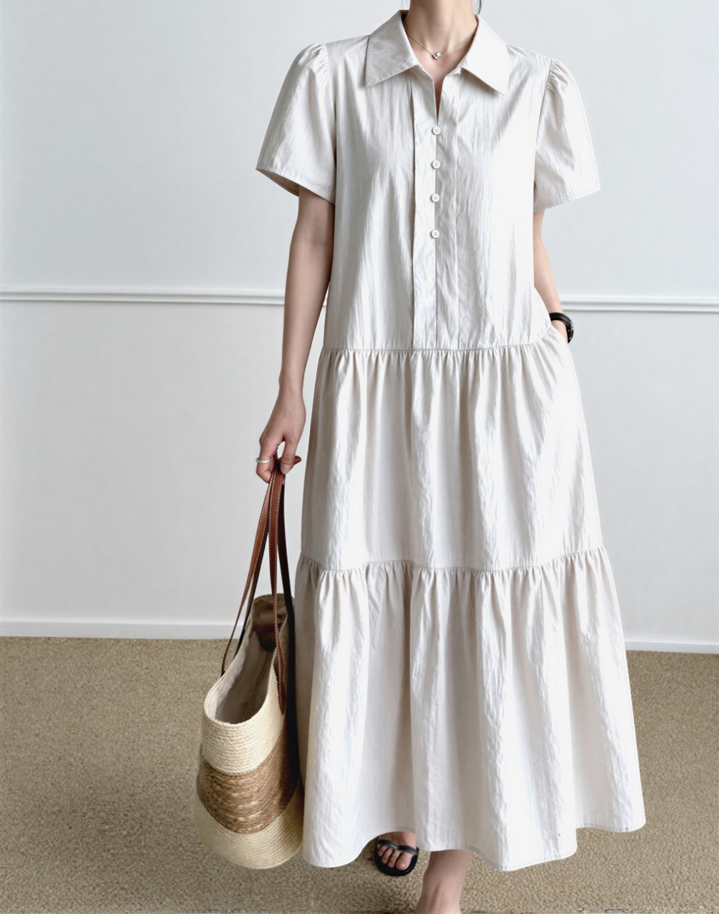 Relax Shirt Tiered Maxi Dress - 릴랙스 셔츠 티어드 맥시 원피스