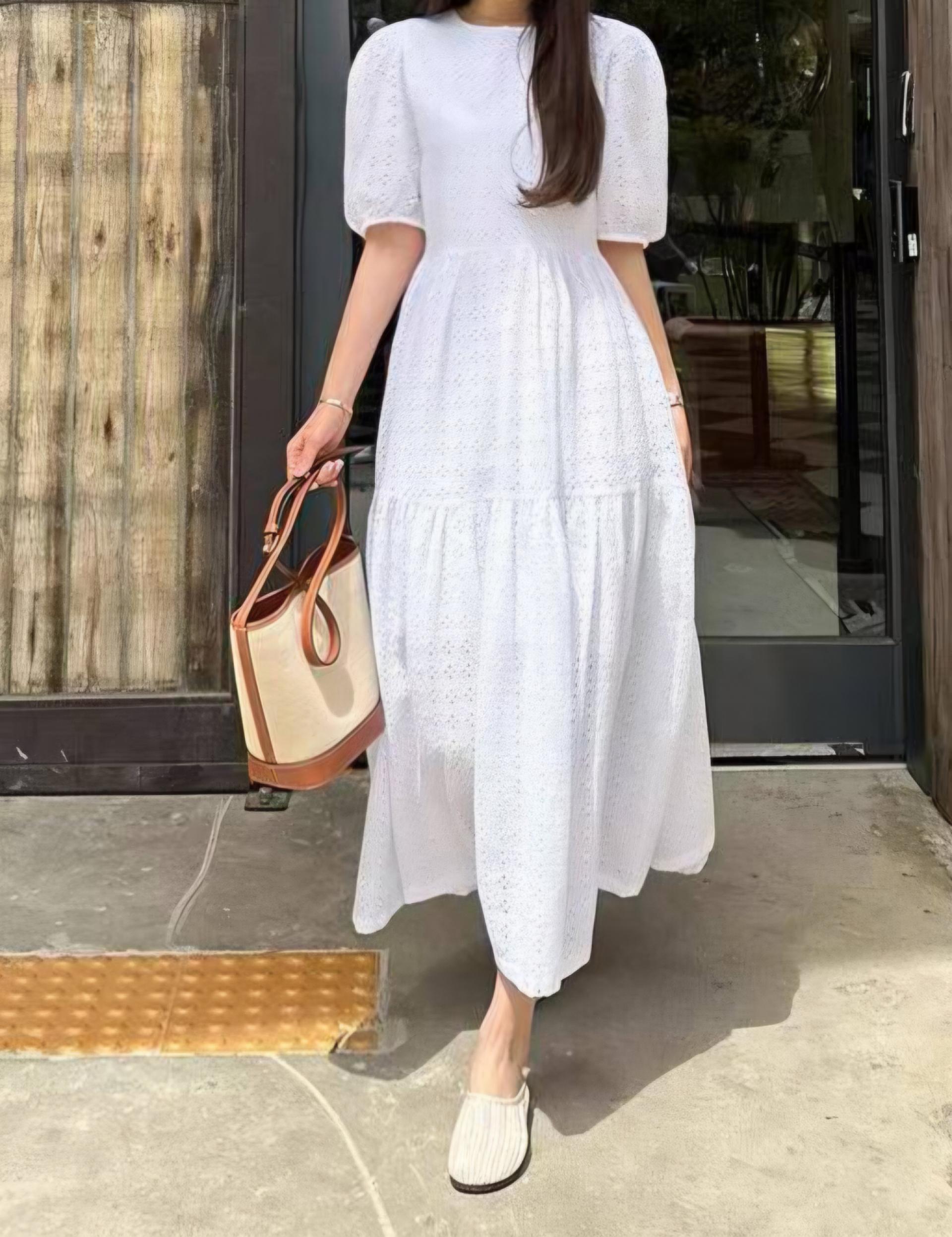 Romantic Eyelet Puff Long Dress - 로맨틱 아일렛 퍼프 롱 원피스