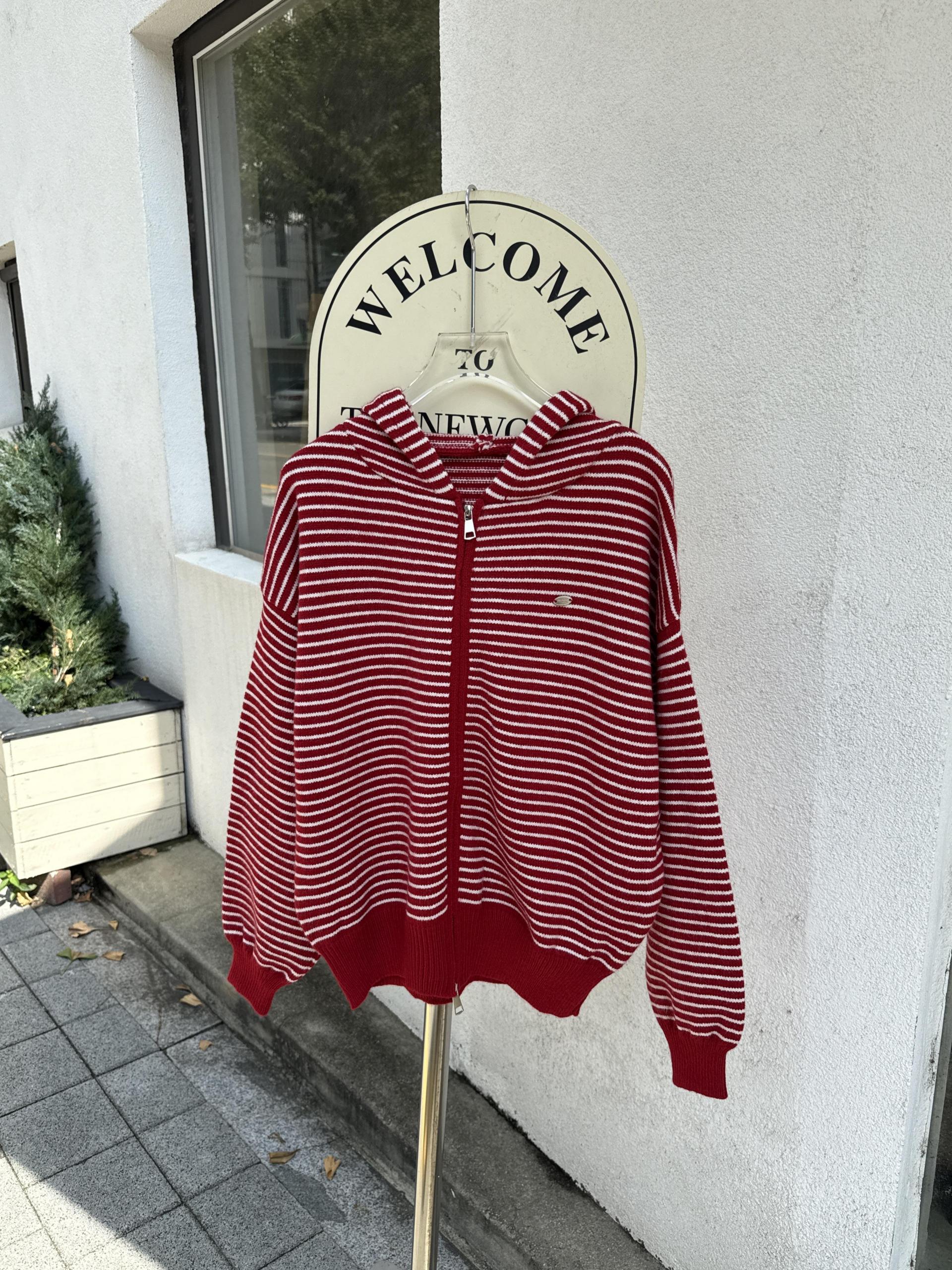 Daily Stripe Knit Hood Zip-up - 데일리 스트라이프 니트 후드집업