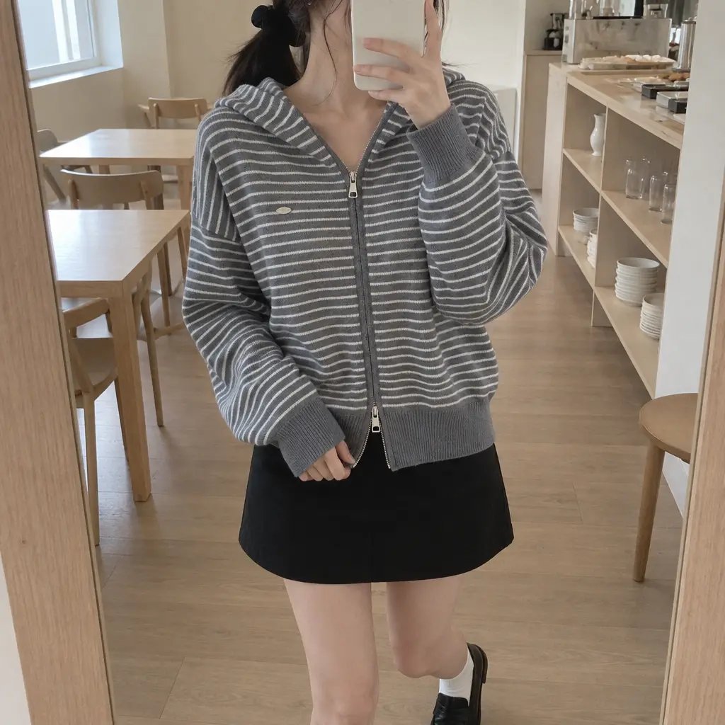 Daily Stripe Knit Hood Zip-up - 데일리 스트라이프 니트 후드집업