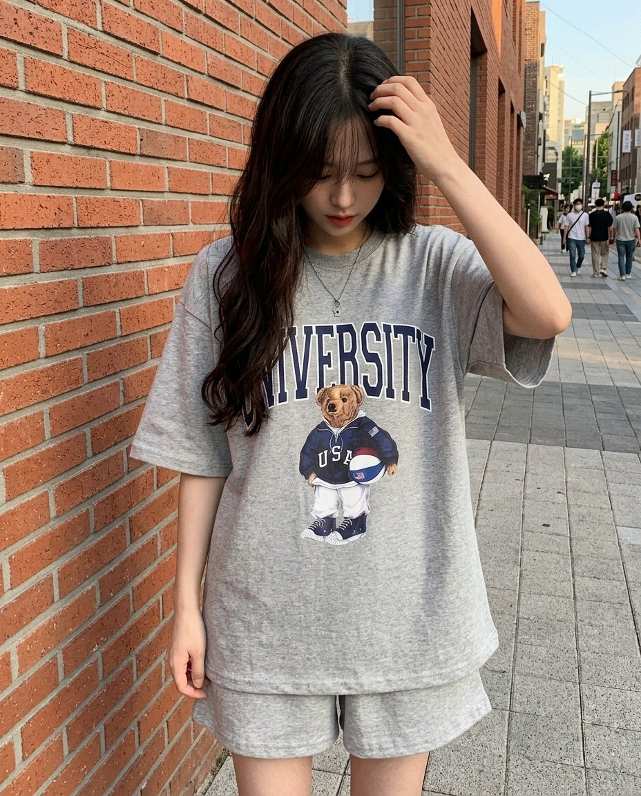 University Teddy Bear Sweat Set - 유니버시티 테디 반팔 트레이닝 세트