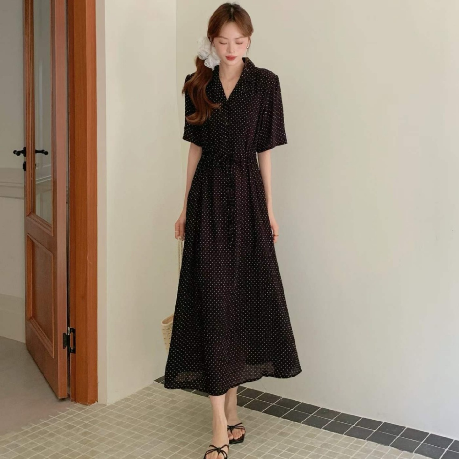 Pindot Collar String Dress - 핀도트 카라 스트링 원피스