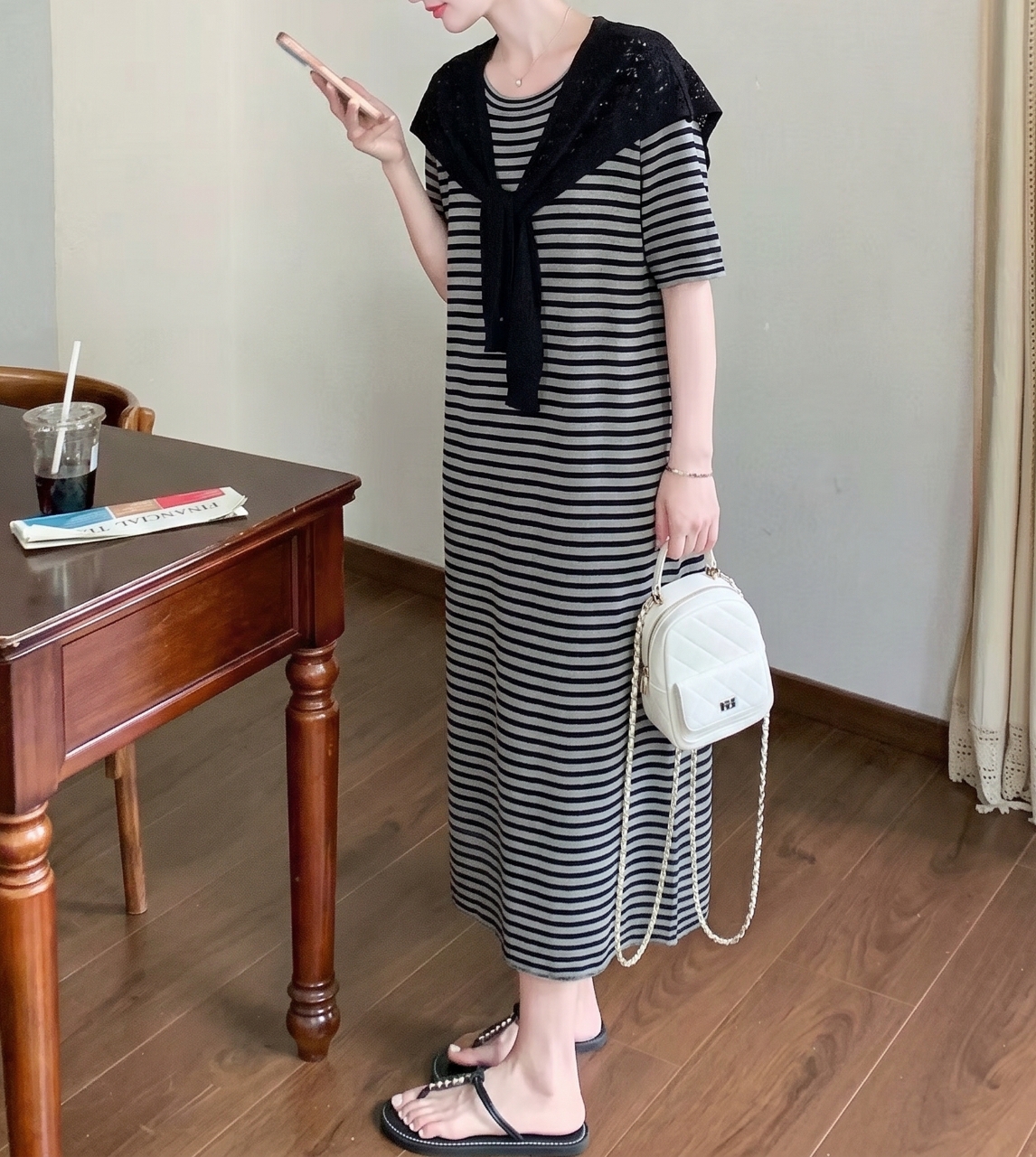 Marine Stripe Shawl Dress Set - 마린 스트라이프 숄 원피스 세트