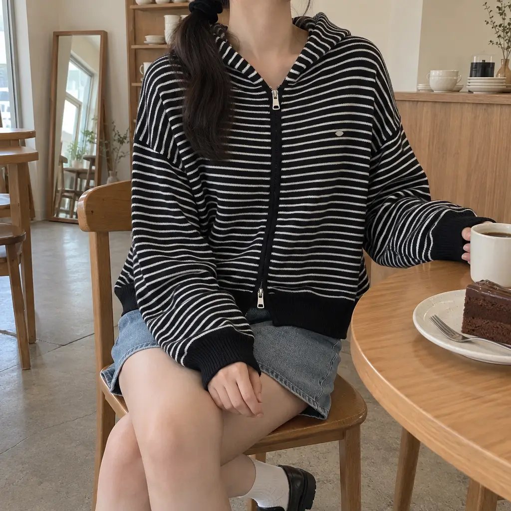 Daily Stripe Knit Hood Zip-up - 데일리 스트라이프 니트 후드집업