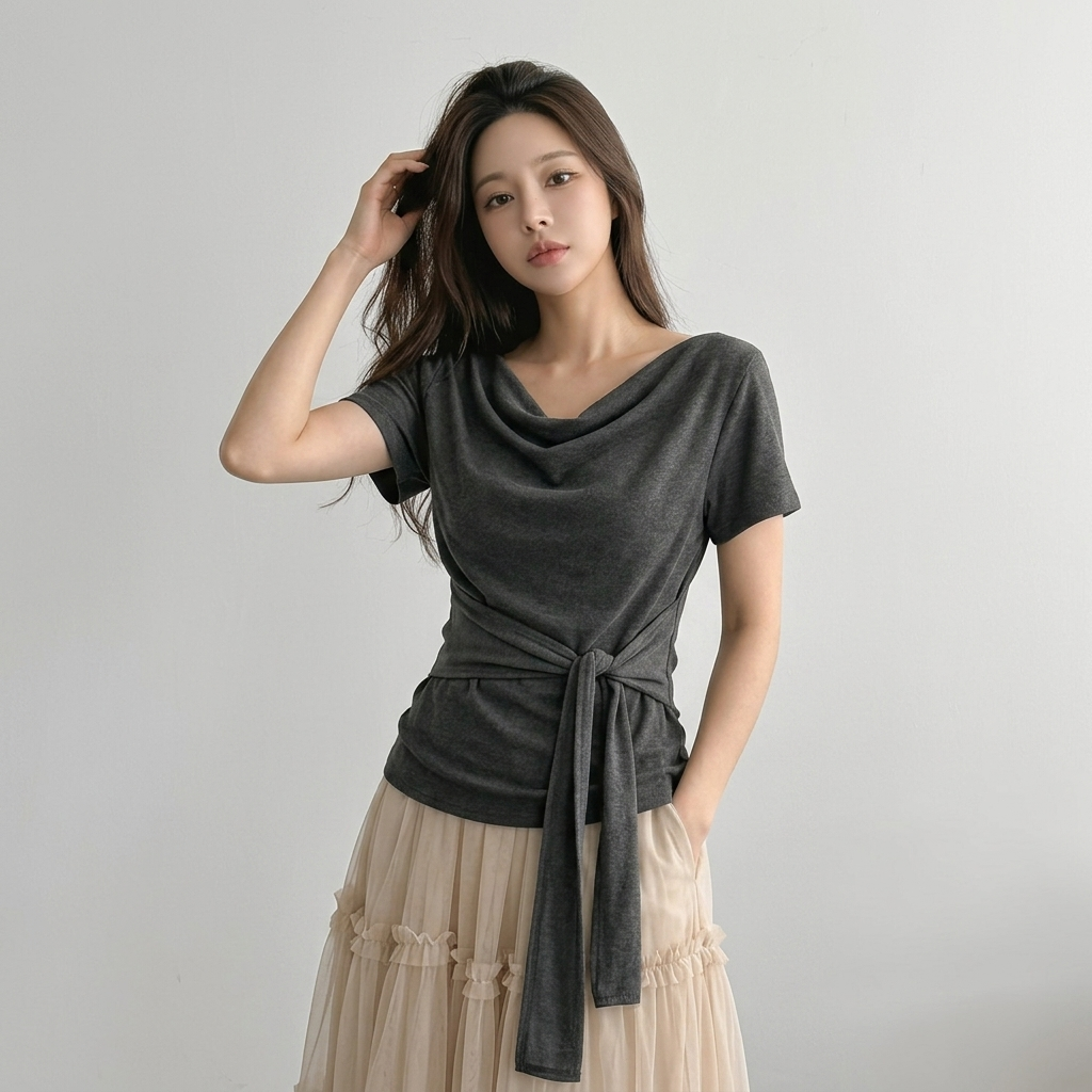 Daily Drape Side Ribbon Tee - 데일리 드레이프 사이드 리본 티