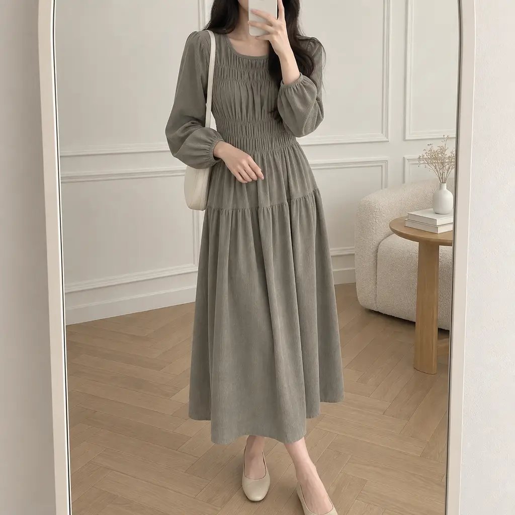 Mocha Shirring Corduroy Dress - 모카 셔링 코듀로이 원피스