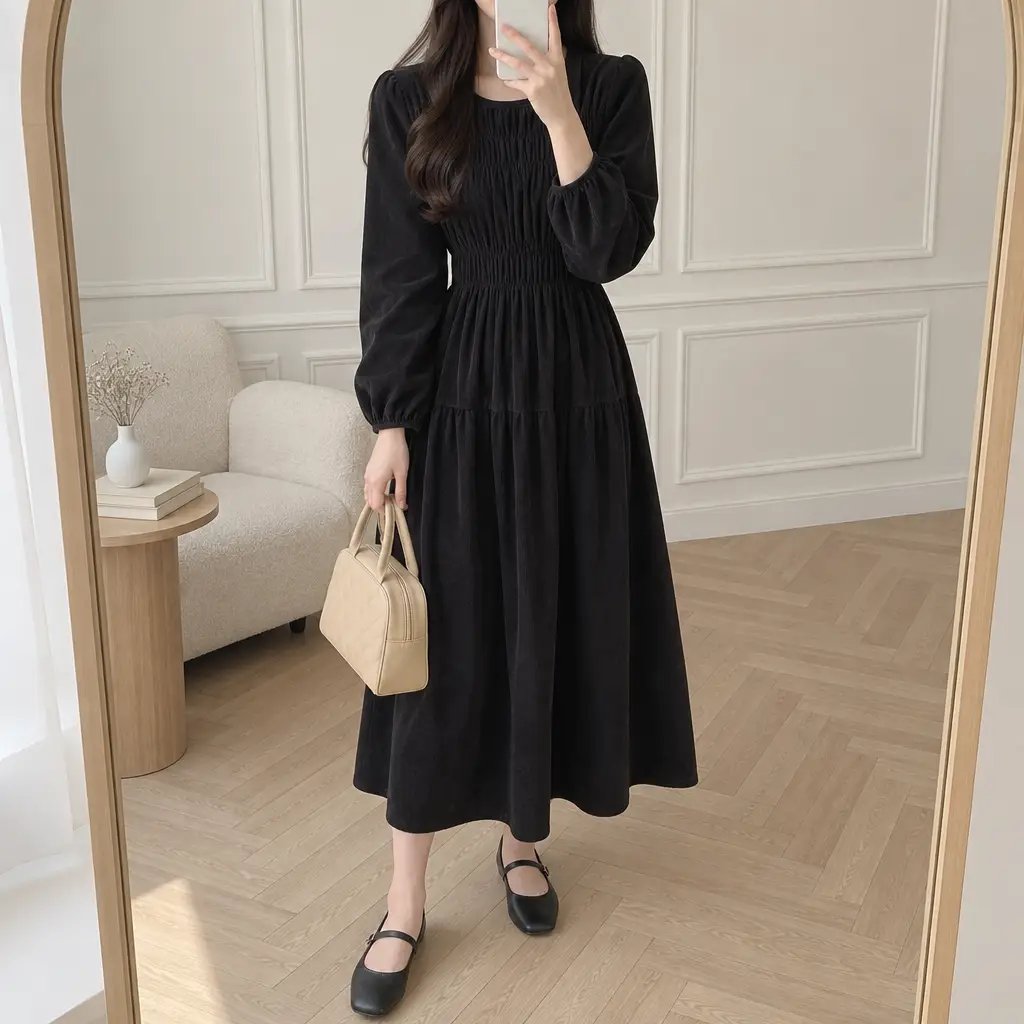Mocha Shirring Corduroy Dress - 모카 셔링 코듀로이 원피스