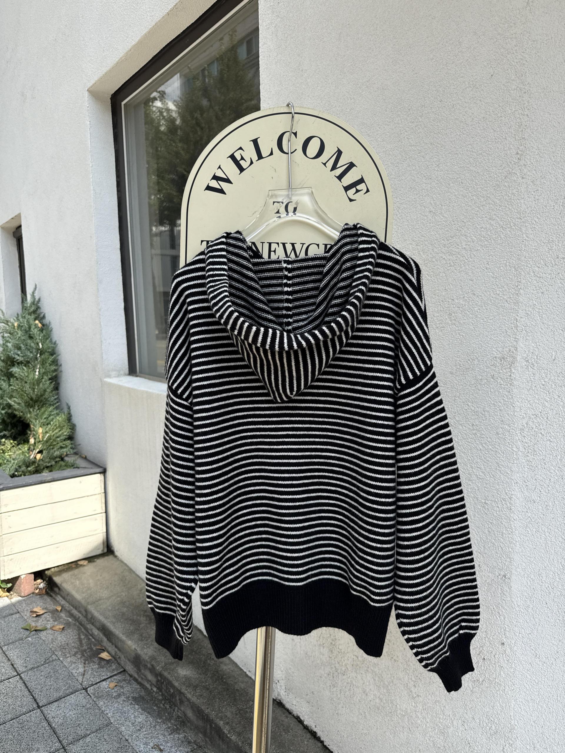 Daily Stripe Knit Hood Zip-up - 데일리 스트라이프 니트 후드집업