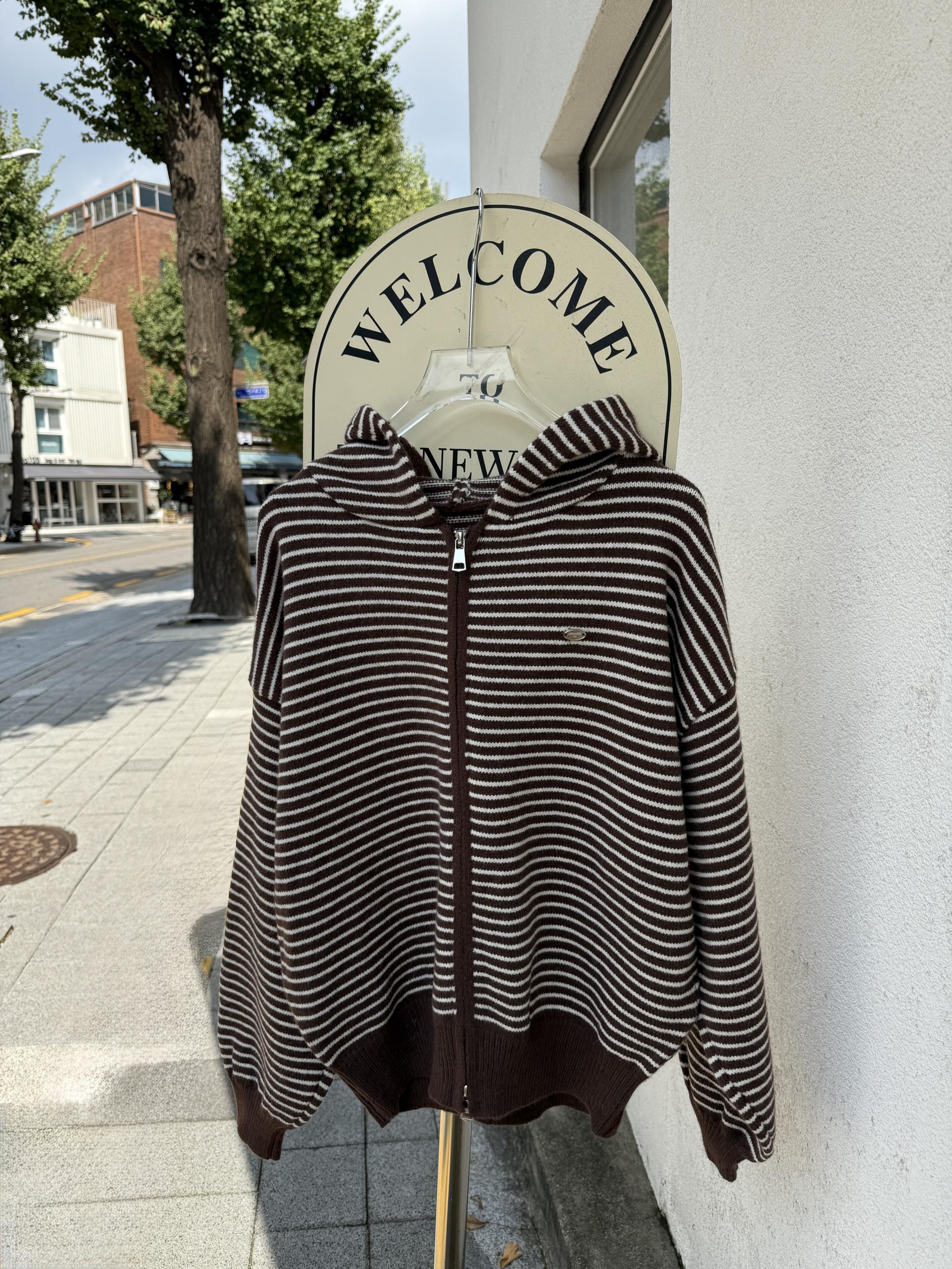 Daily Stripe Knit Hood Zip-up - 데일리 스트라이프 니트 후드집업