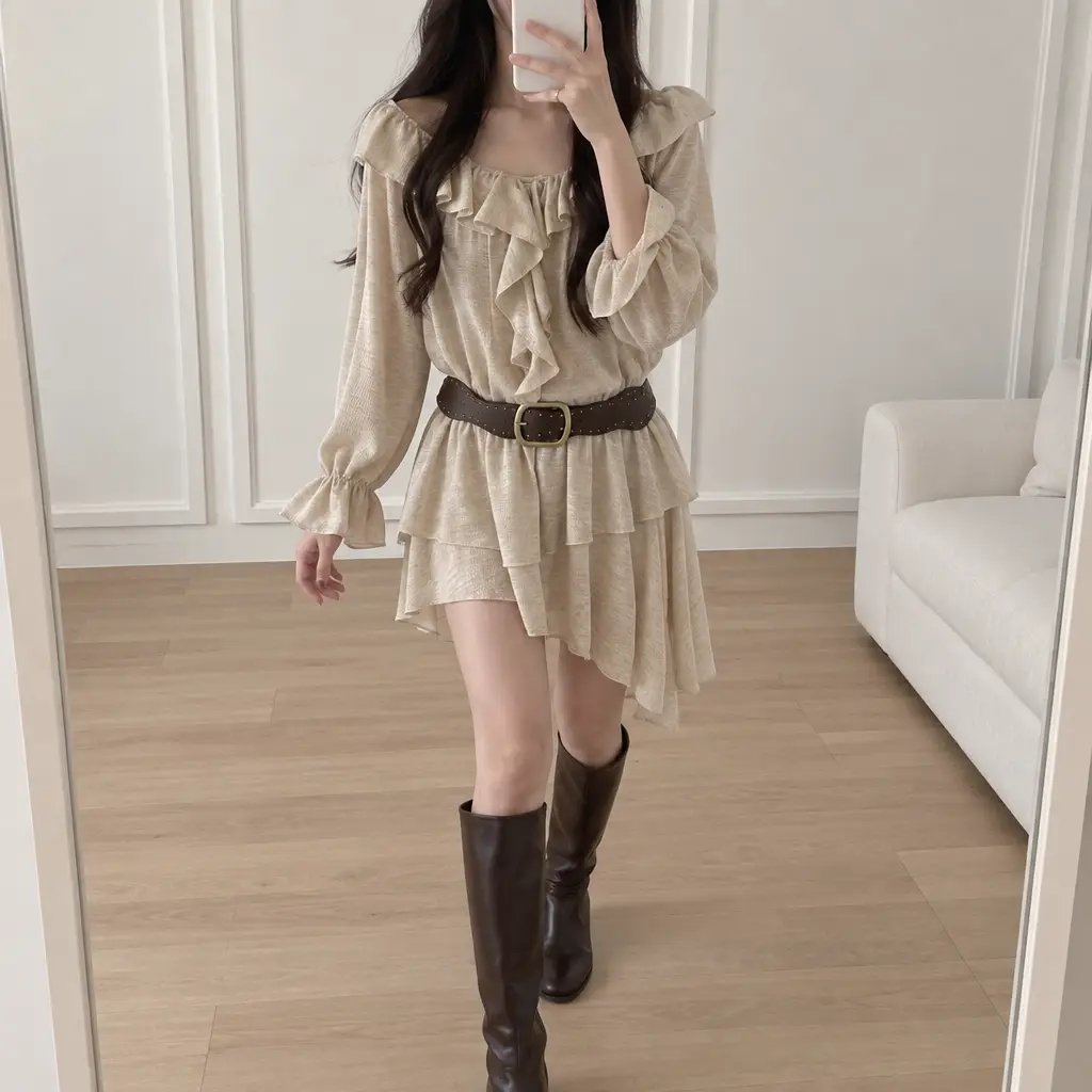 Boho Ruffle Belted Dress - 보헤미안 러플 벨티드 원피스