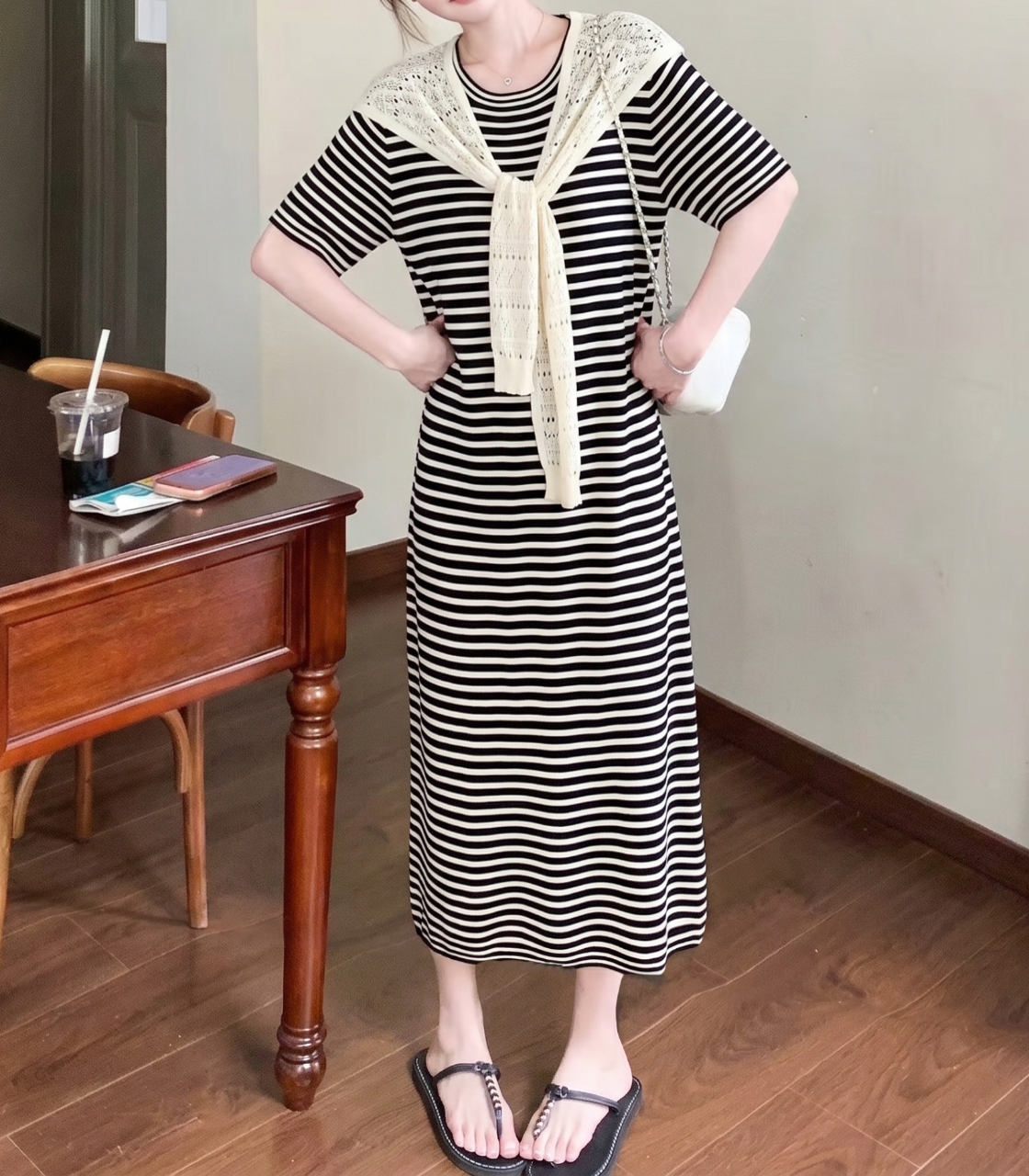 Marine Stripe Shawl Dress Set - 마린 스트라이프 숄 원피스 세트