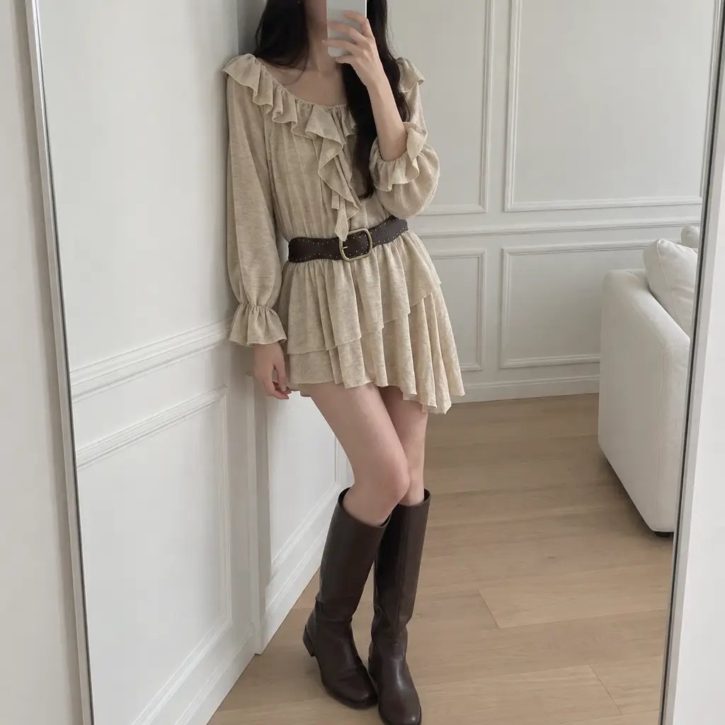 Boho Ruffle Belted Dress - 보헤미안 러플 벨티드 원피스