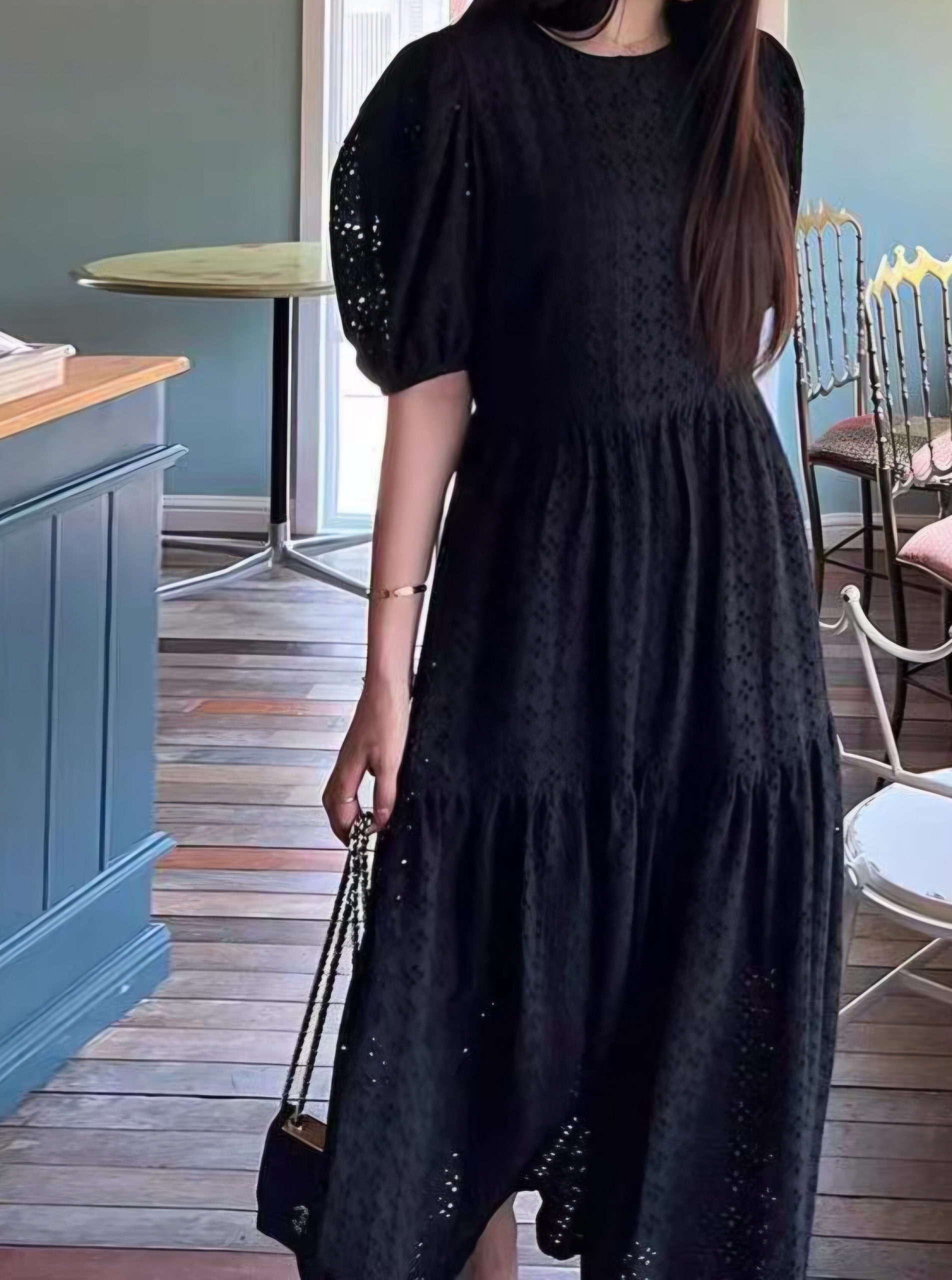 Romantic Eyelet Puff Long Dress - 로맨틱 아일렛 퍼프 롱 원피스