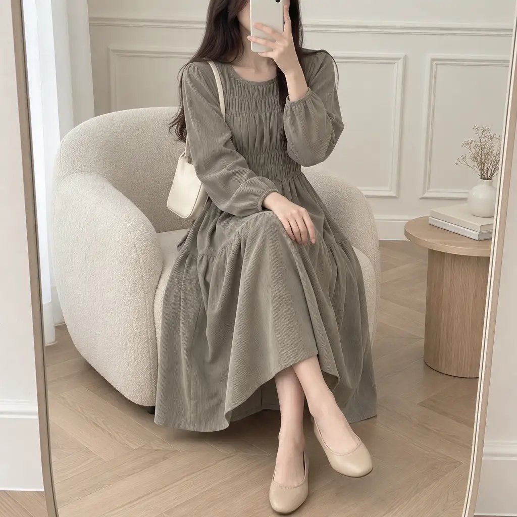 Mocha Shirring Corduroy Dress - 모카 셔링 코듀로이 원피스