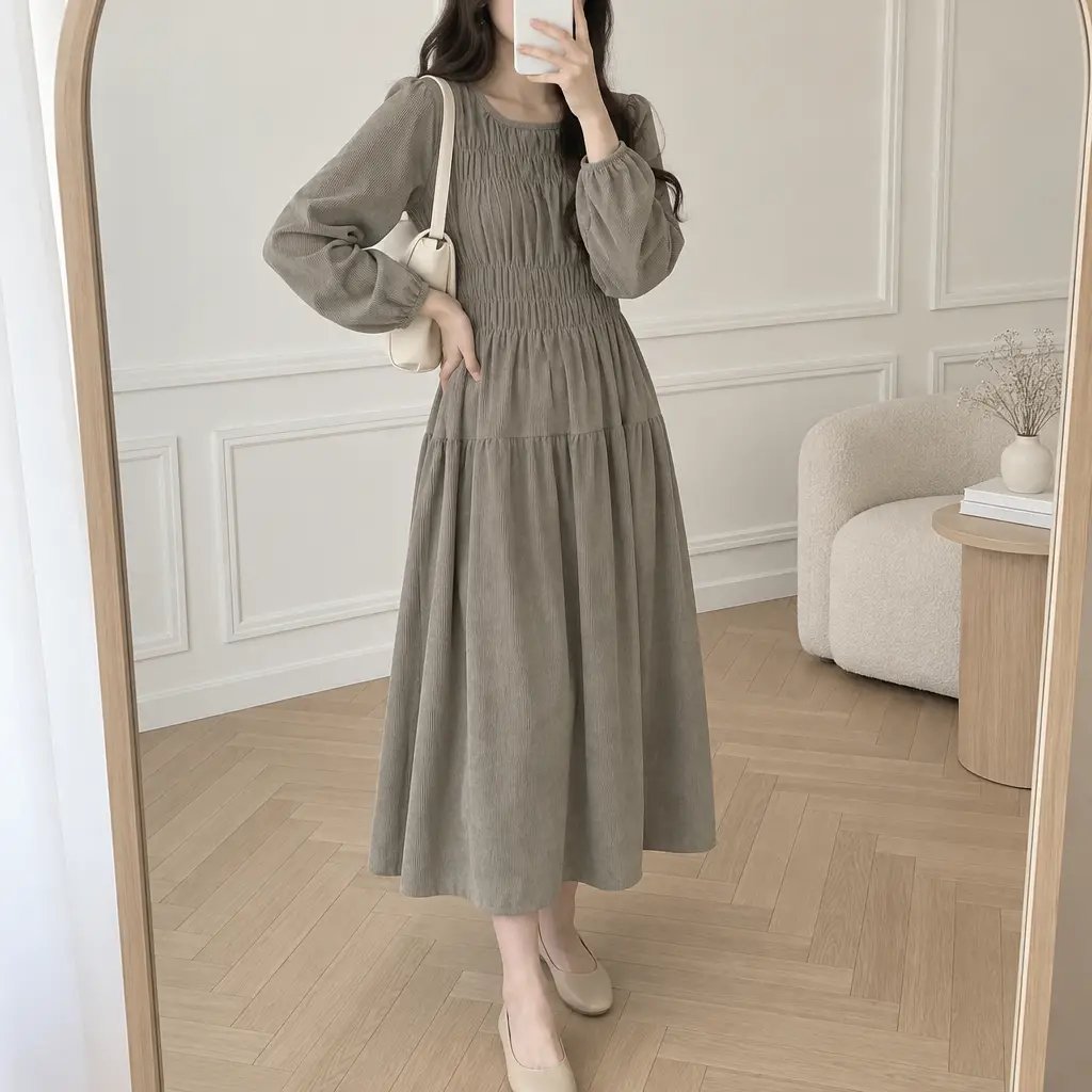 Mocha Shirring Corduroy Dress - 모카 셔링 코듀로이 원피스