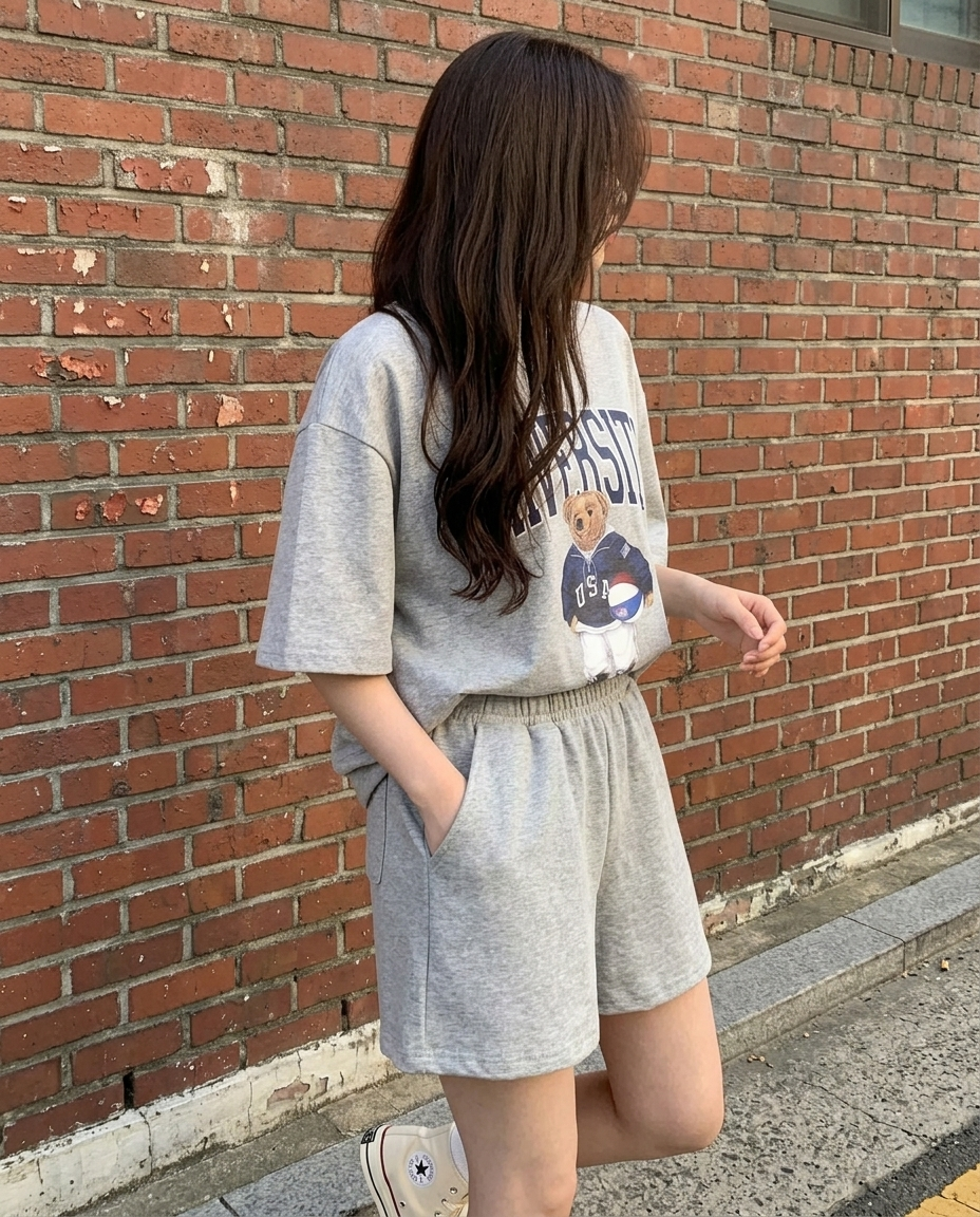 University Teddy Bear Sweat Set - 유니버시티 테디 반팔 트레이닝 세트