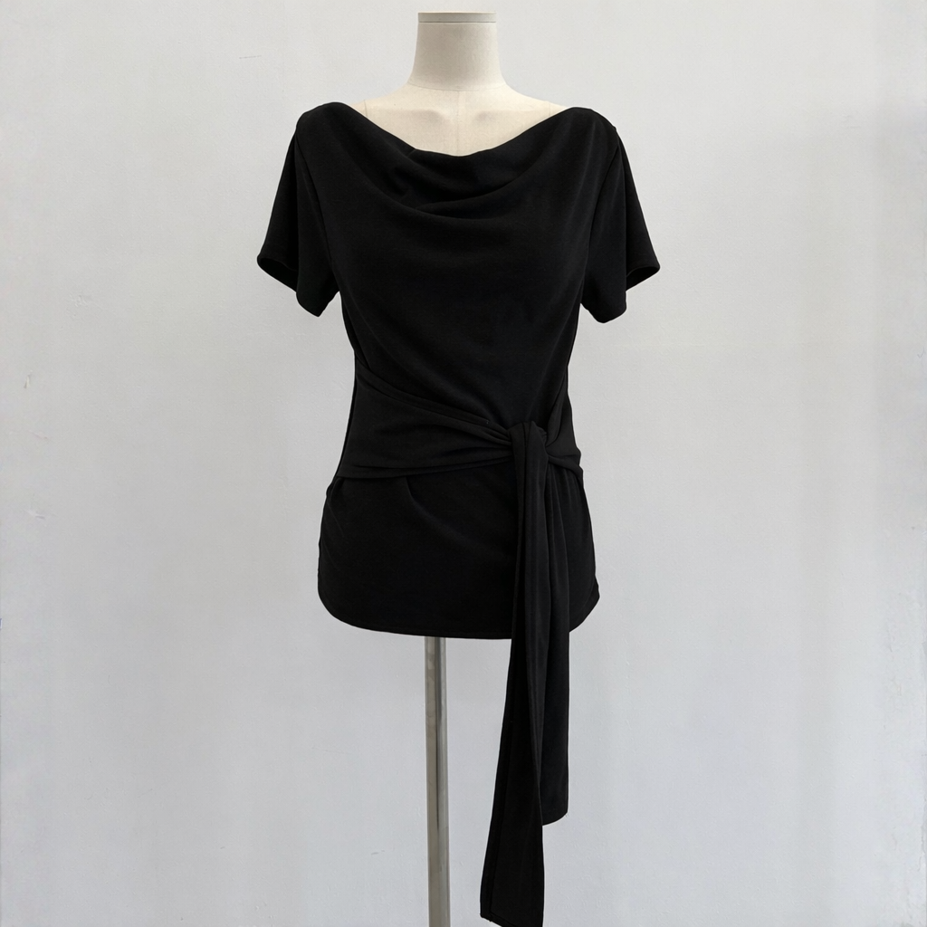 Daily Drape Side Ribbon Tee - 데일리 드레이프 사이드 리본 티