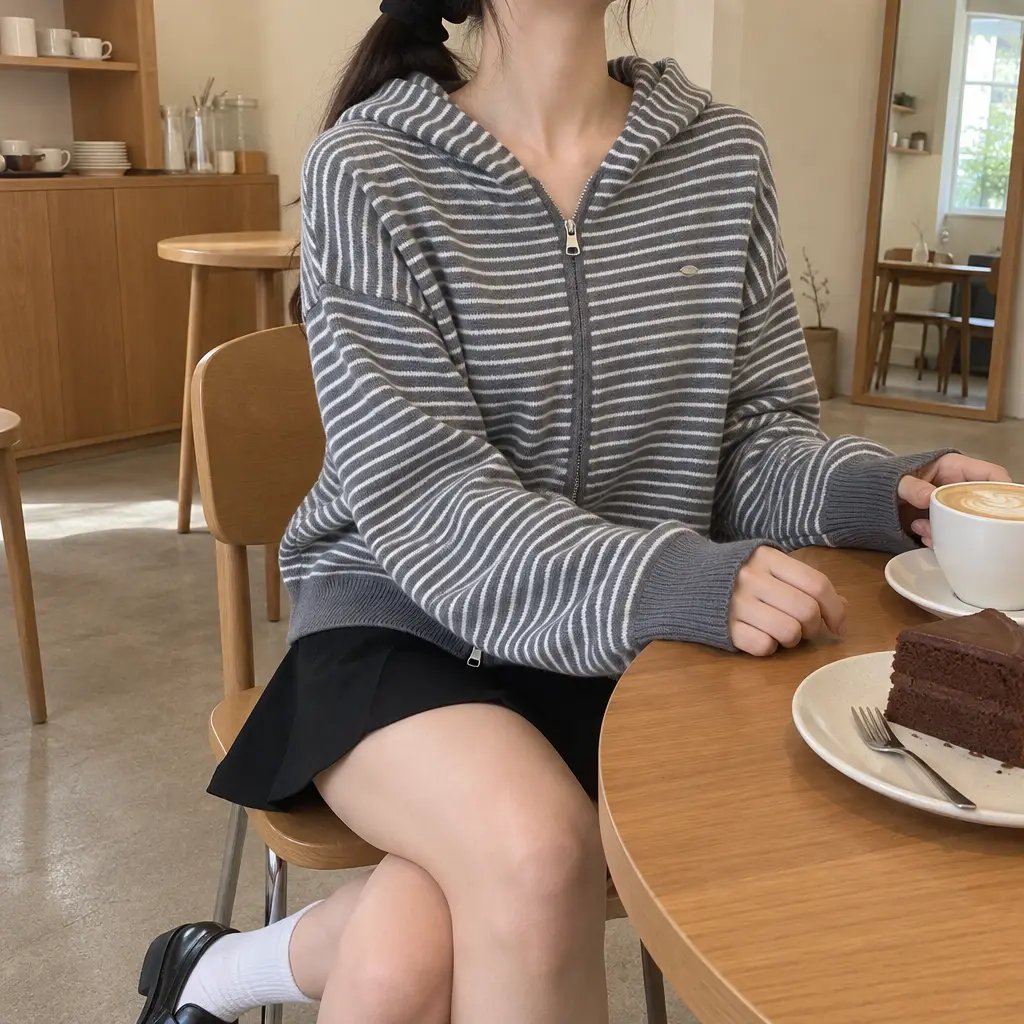 Daily Stripe Knit Hood Zip-up - 데일리 스트라이프 니트 후드집업