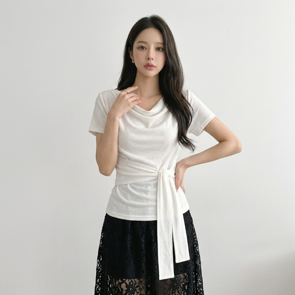 Daily Drape Side Ribbon Tee - 데일리 드레이프 사이드 리본 티
