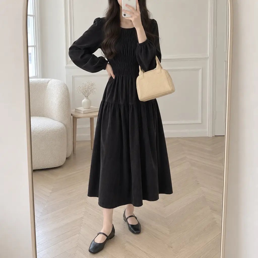 Mocha Shirring Corduroy Dress - 모카 셔링 코듀로이 원피스