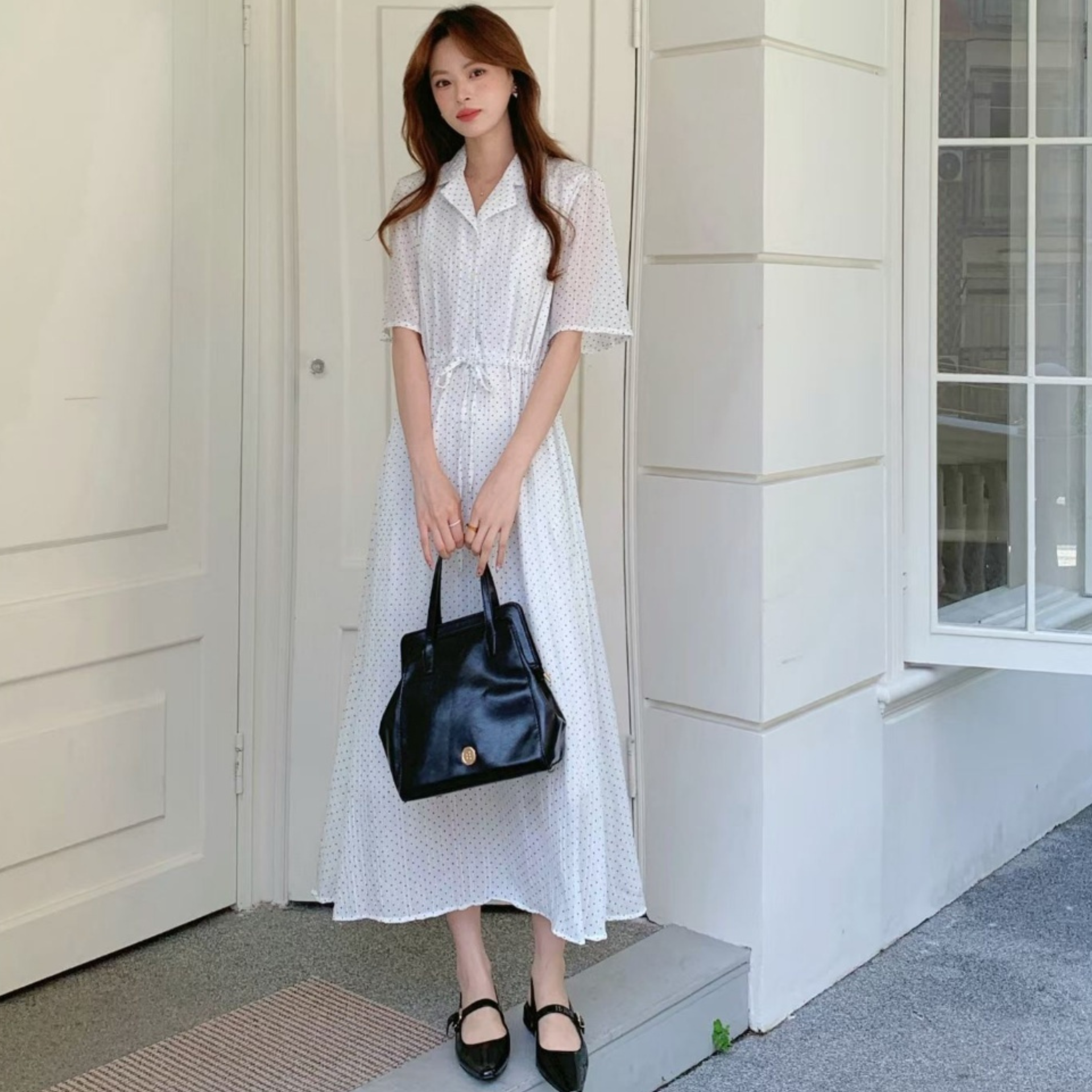 Pindot Collar String Dress - 핀도트 카라 스트링 원피스