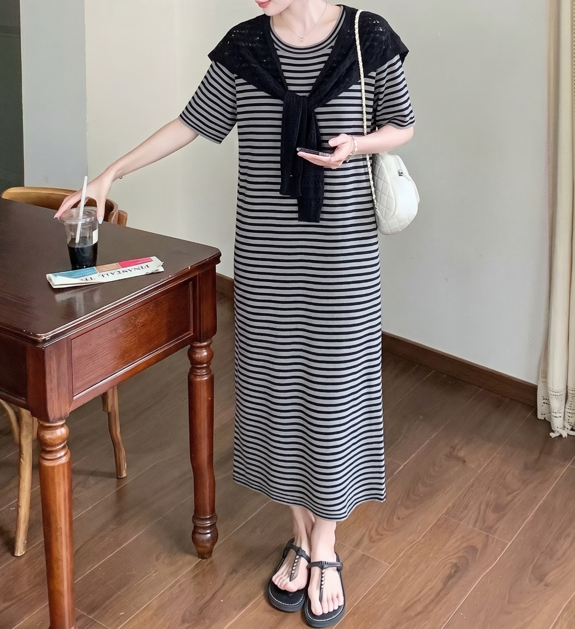 Marine Stripe Shawl Dress Set - 마린 스트라이프 숄 원피스 세트
