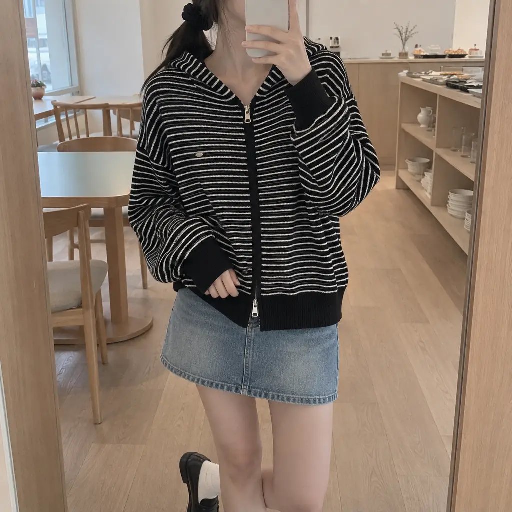 Daily Stripe Knit Hood Zip-up - 데일리 스트라이프 니트 후드집업