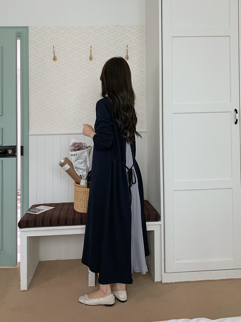 Pleated Back Ribbon Dress - 플리츠 백 리본 원피스