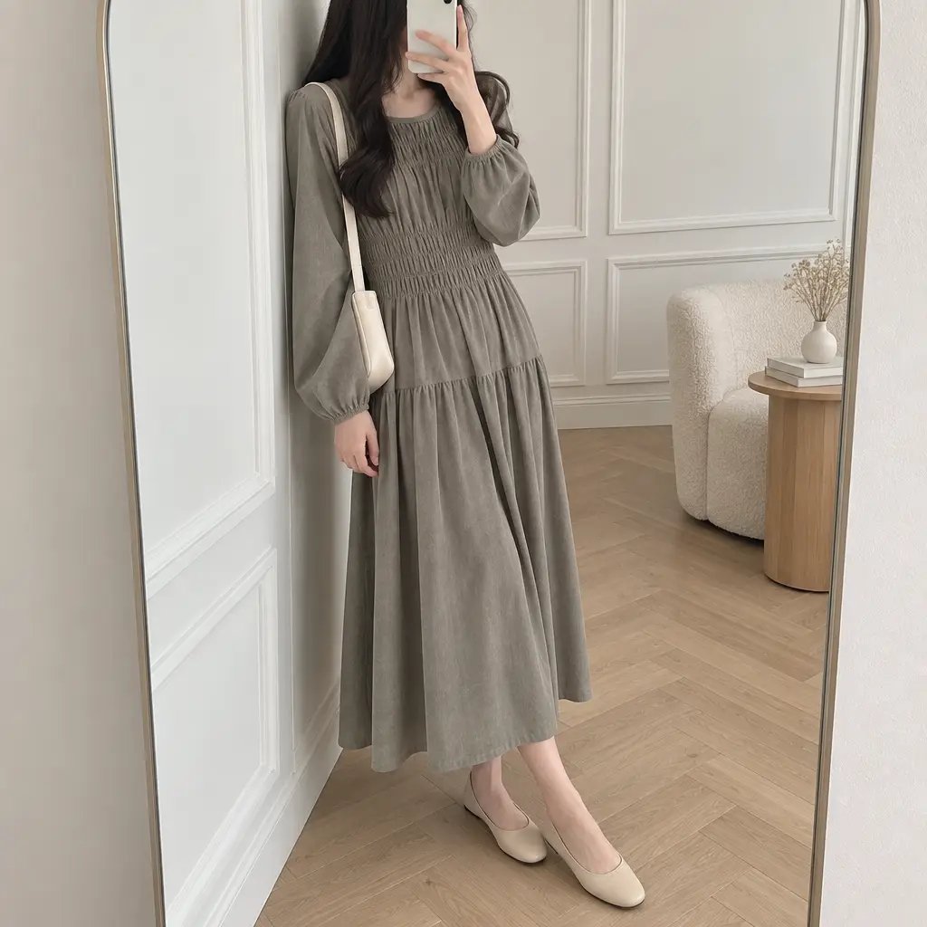Mocha Shirring Corduroy Dress - 모카 셔링 코듀로이 원피스