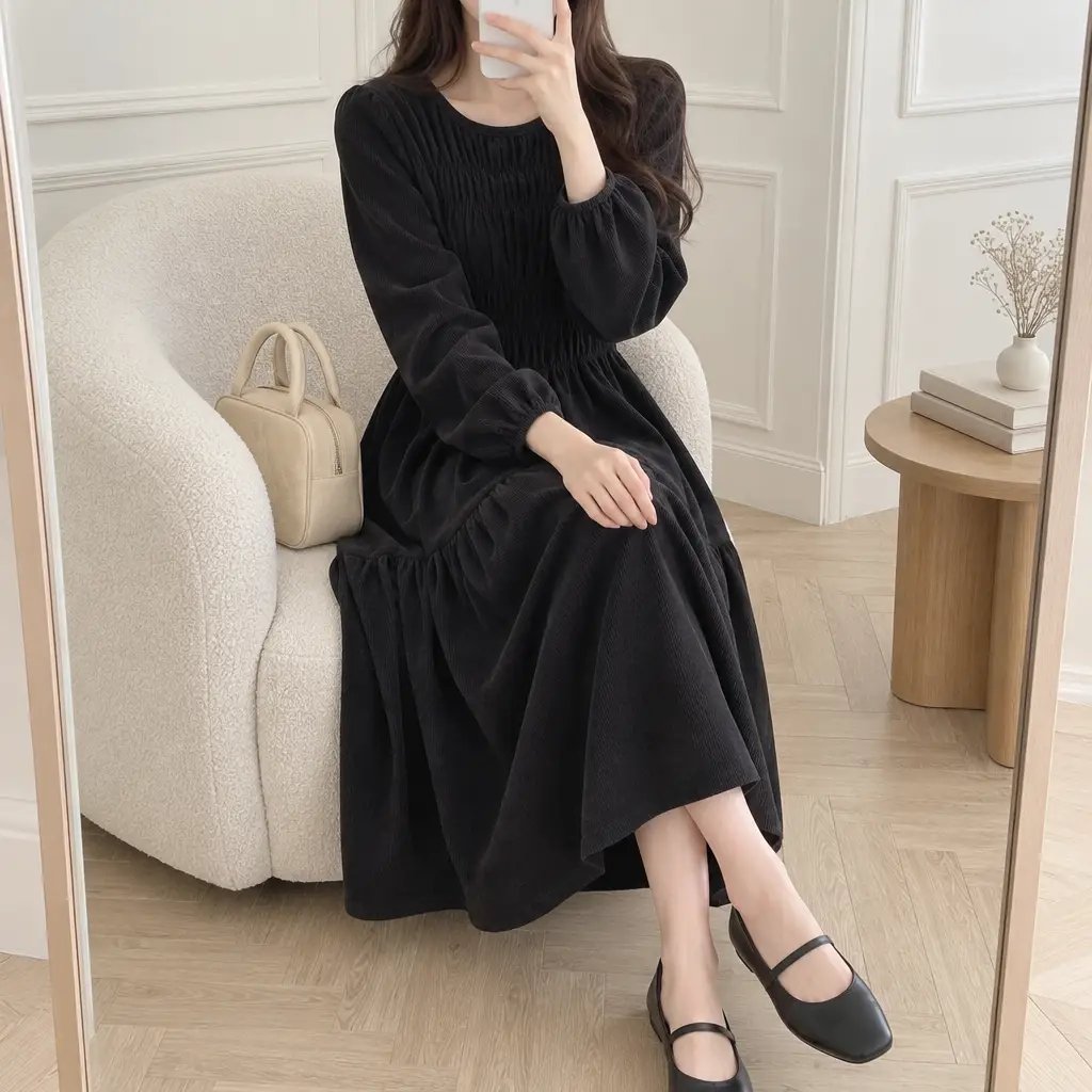 Mocha Shirring Corduroy Dress - 모카 셔링 코듀로이 원피스