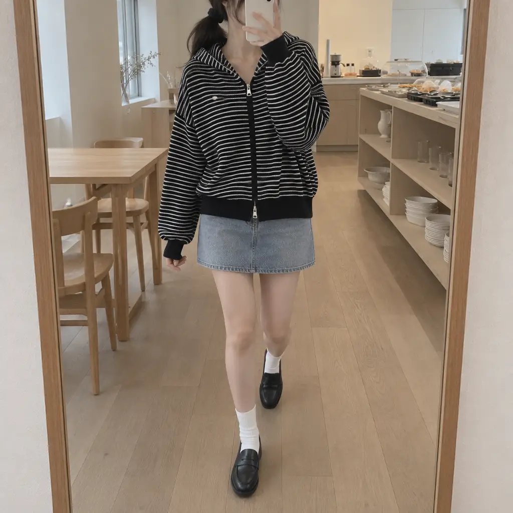 Daily Stripe Knit Hood Zip-up - 데일리 스트라이프 니트 후드집업