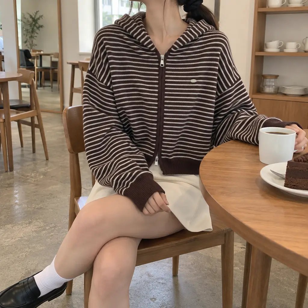 Daily Stripe Knit Hood Zip-up - 데일리 스트라이프 니트 후드집업