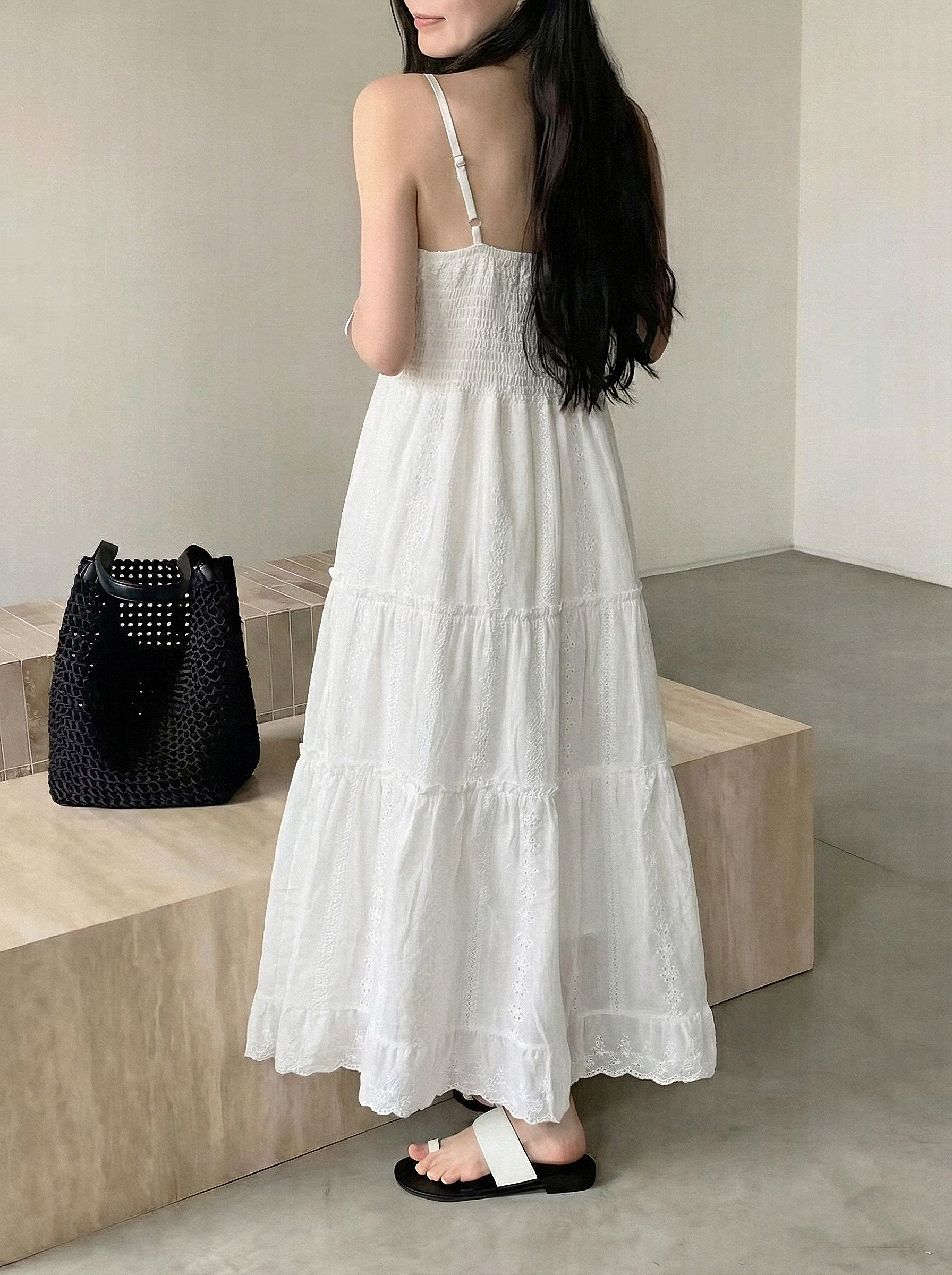 Feminine Bow Eyelet Tiered Dress - 페미닌 보우 아일렛 티어드 원피스