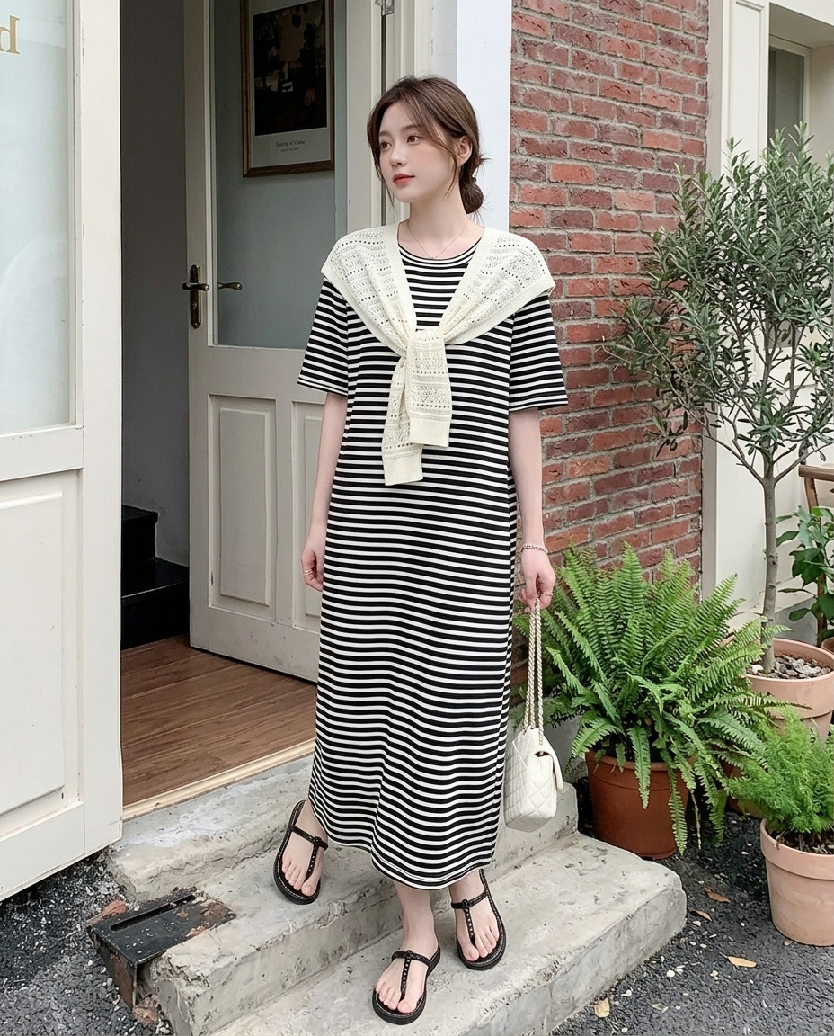 Marine Stripe Shawl Dress Set - 마린 스트라이프 숄 원피스 세트