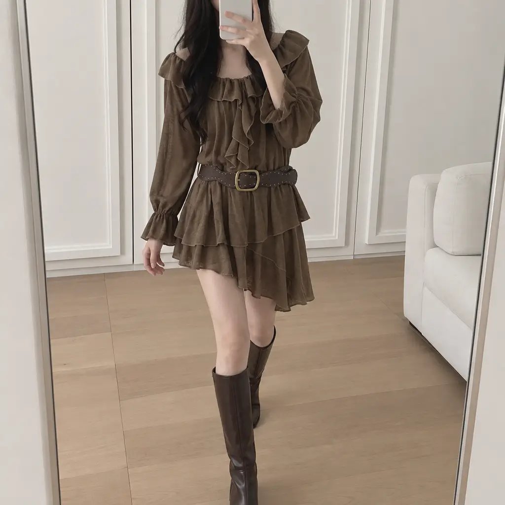 Boho Ruffle Belted Dress - 보헤미안 러플 벨티드 원피스