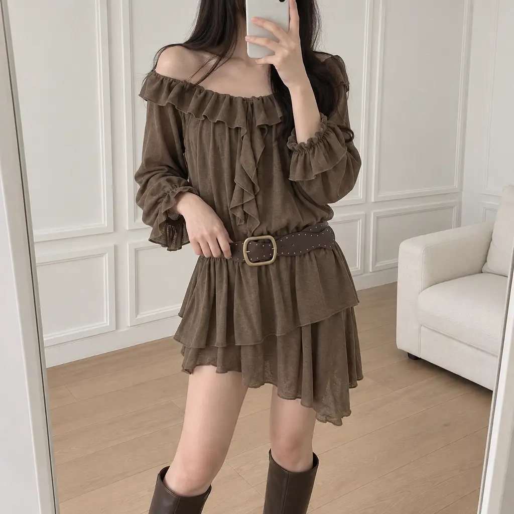 Boho Ruffle Belted Dress - 보헤미안 러플 벨티드 원피스