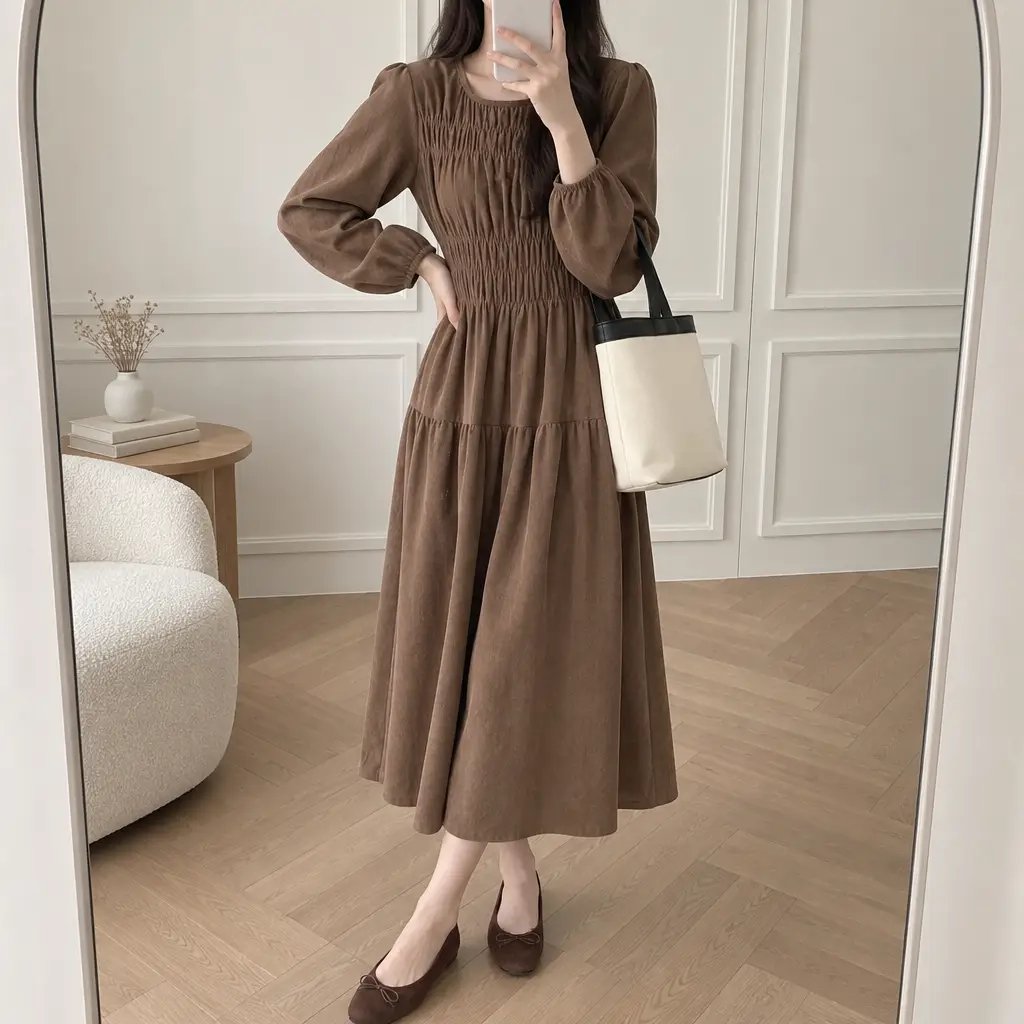 Mocha Shirring Corduroy Dress - 모카 셔링 코듀로이 원피스