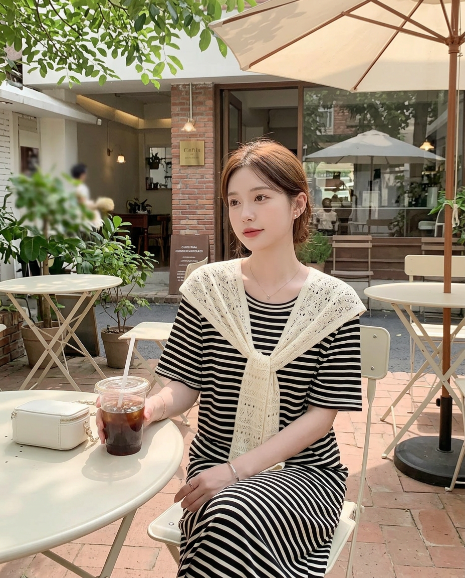 Marine Stripe Shawl Dress Set - 마린 스트라이프 숄 원피스 세트