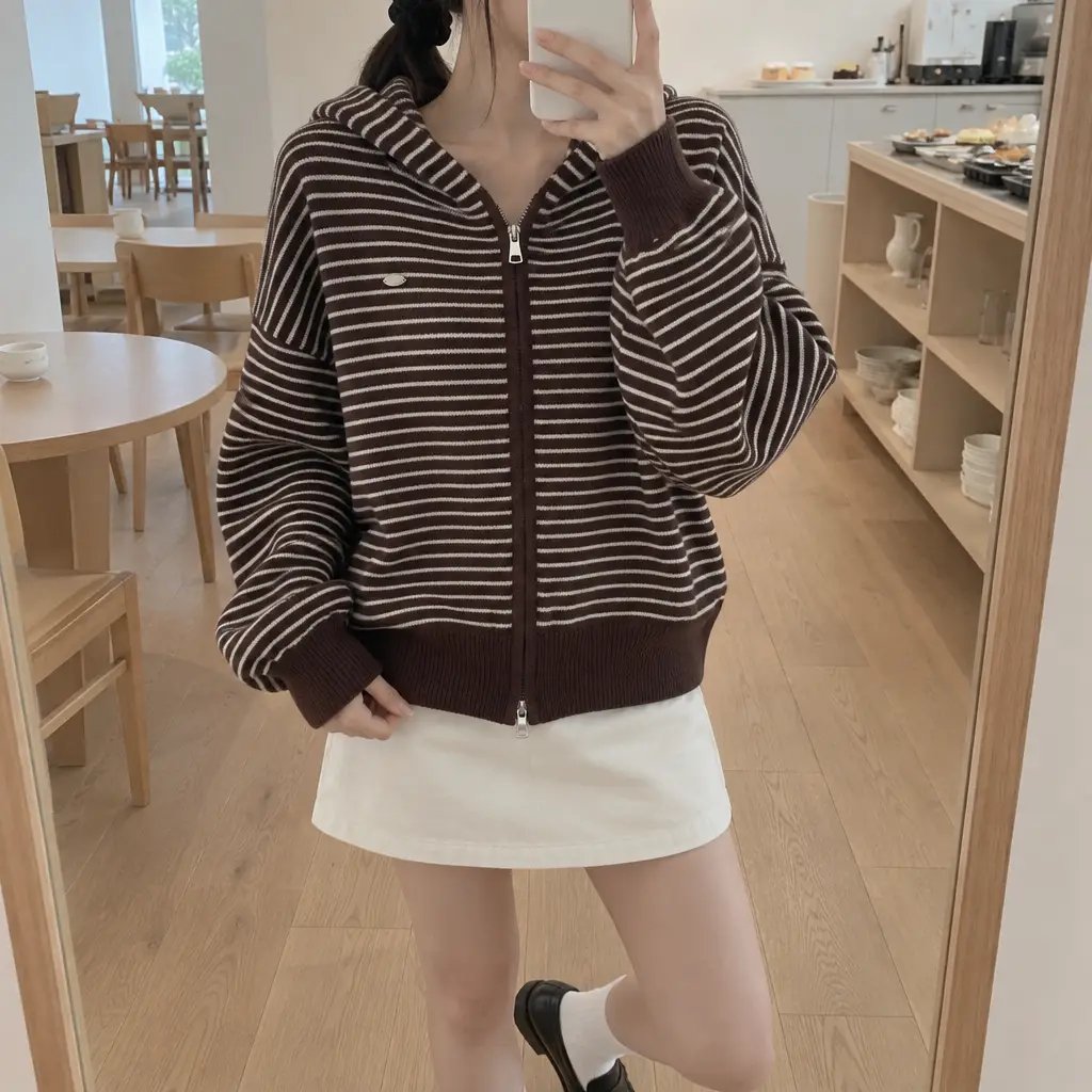 Daily Stripe Knit Hood Zip-up - 데일리 스트라이프 니트 후드집업