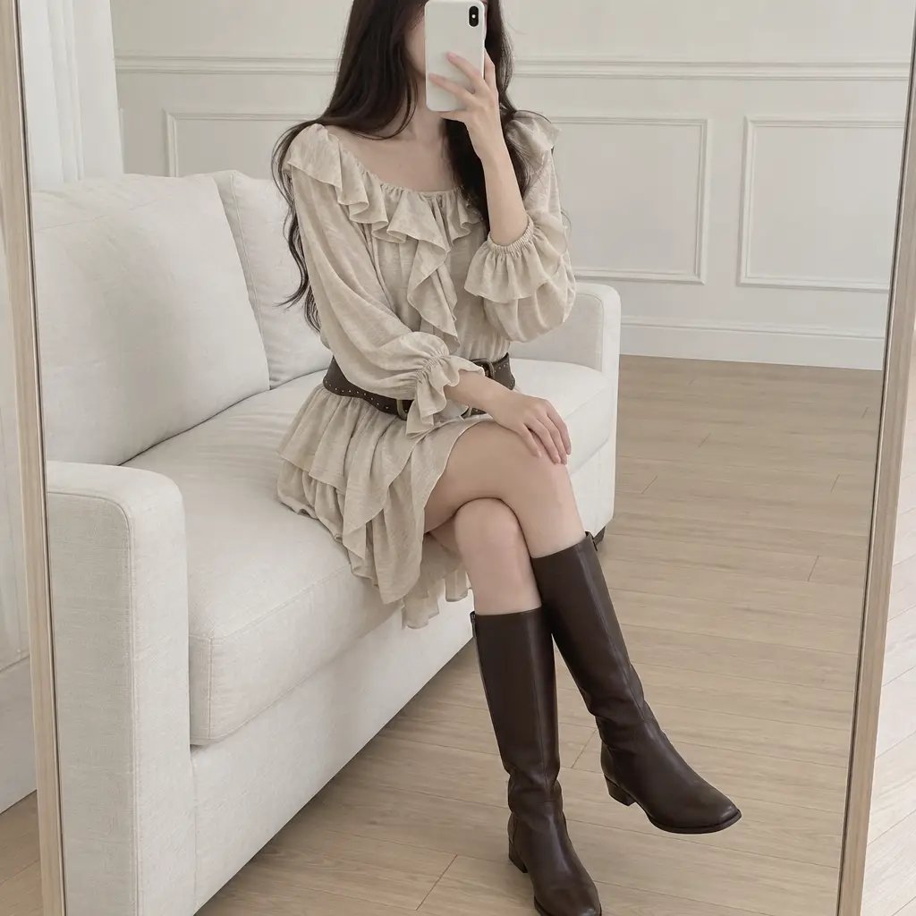 Boho Ruffle Belted Dress - 보헤미안 러플 벨티드 원피스