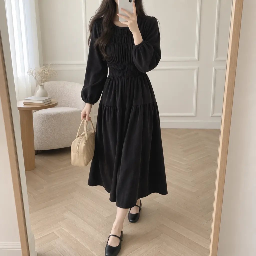 Mocha Shirring Corduroy Dress - 모카 셔링 코듀로이 원피스