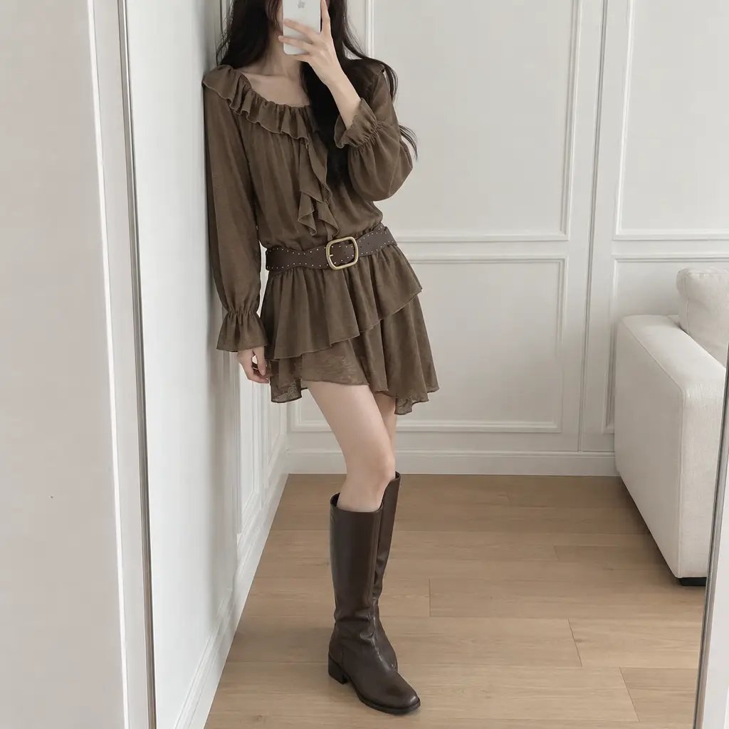 Boho Ruffle Belted Dress - 보헤미안 러플 벨티드 원피스