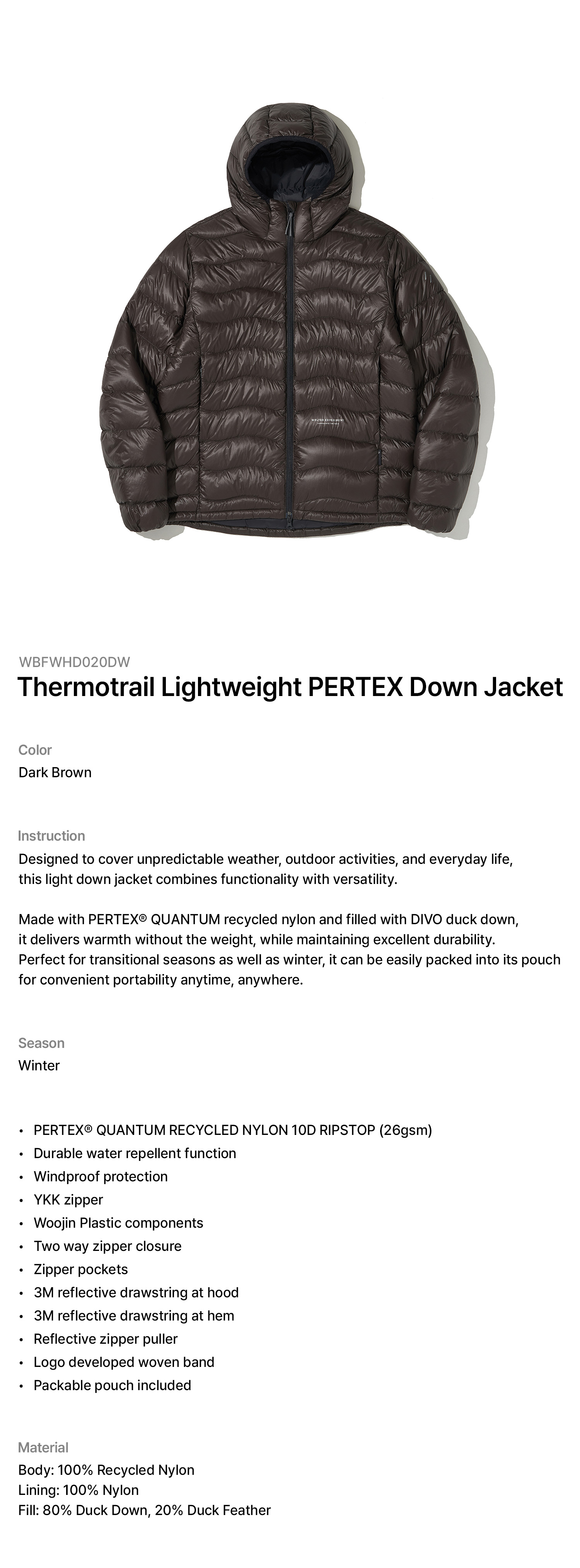 ThermoTrail Lightweight Pertex Down Jacket Dark Brown