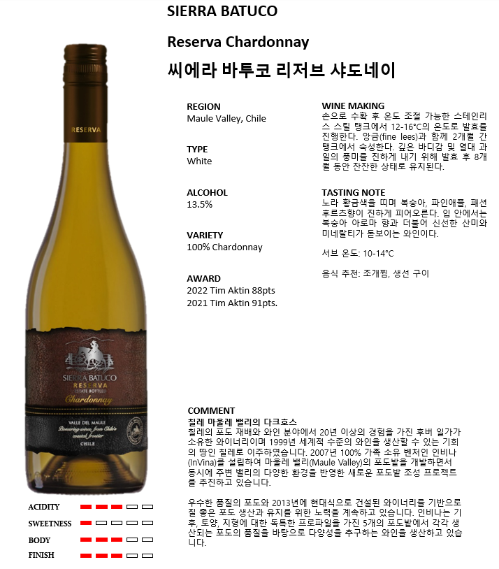인비나 시에라 바투코 리제르바 샤르도네*12 (칠레/드라이/화이트)