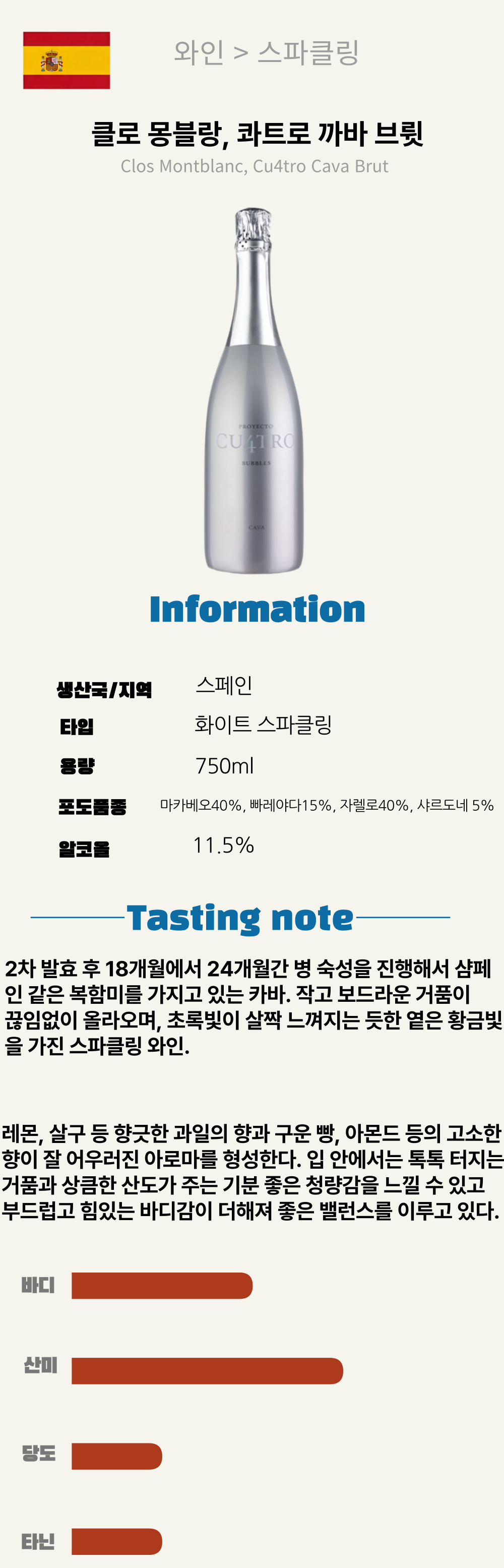 클로 몽블랑 콰트로 카바 브륏NV (스페인/드라이/화이트/스파클링)